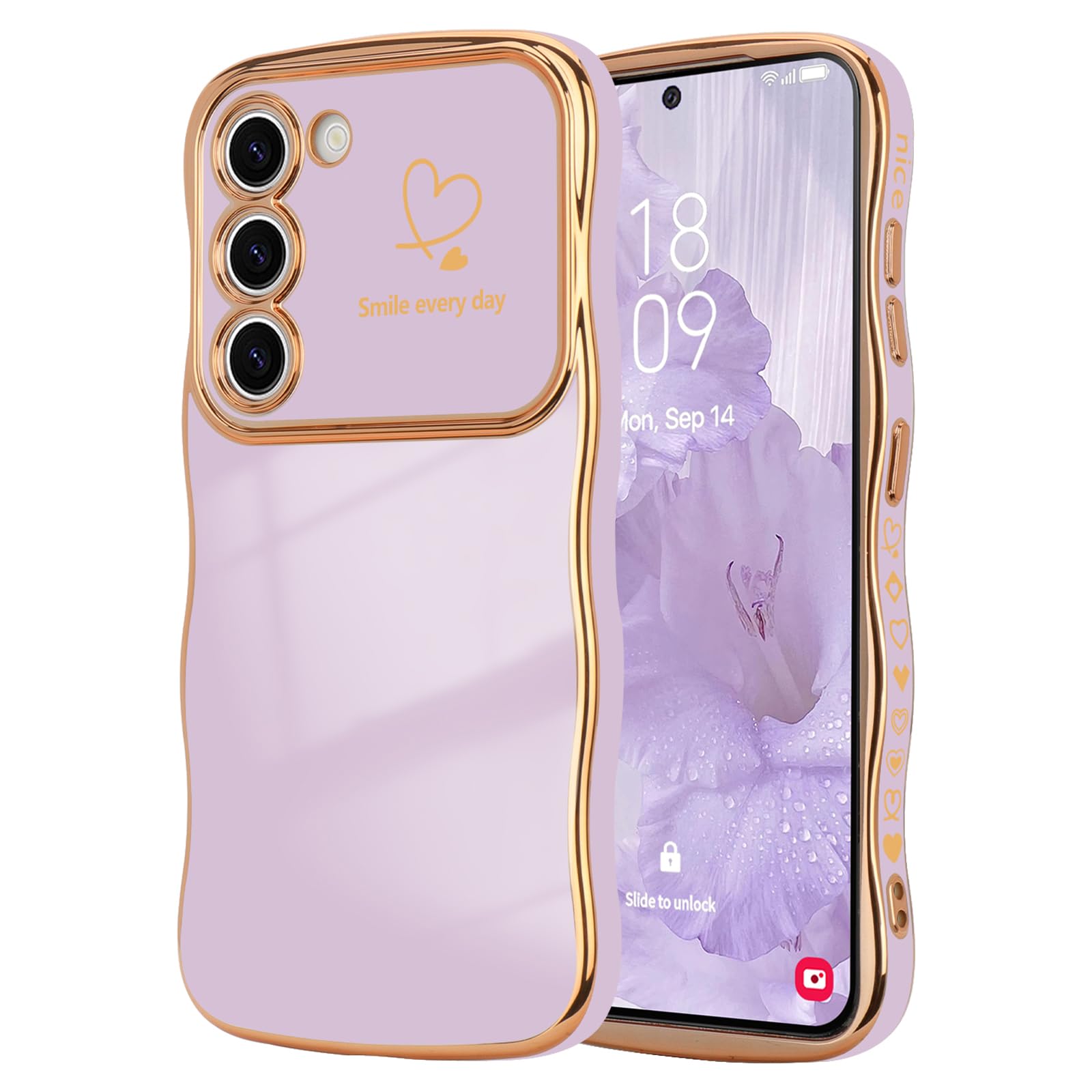 Lchulle For Samsung Galaxy S22 Plus Case For Women Girls, Cute Wave Frame Curly Shape With Love Heart Raised Camera Protection L