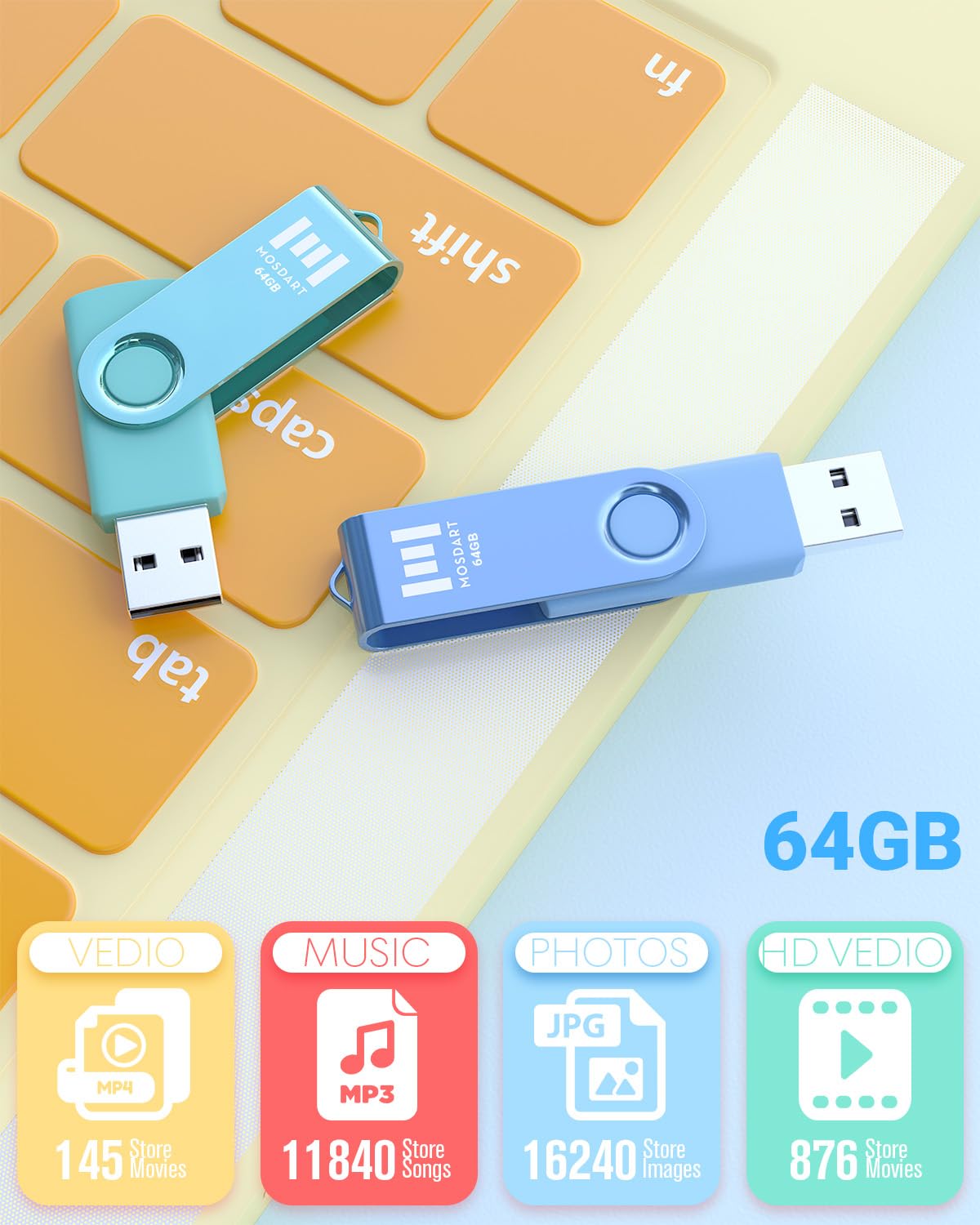 Mosdart 64Gb Bright Vivid Color Usb Flash Drive 2 Pack, 64 Gb Dual Multipack Usb2.0 Thumb Drives, Swivel Design With Led Light,