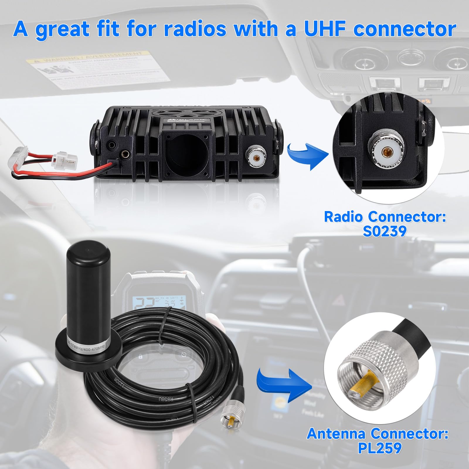 Eightwood Dual Band Vhf Uhf Ham Mobile Radio Antenna Pl259 Connector With Magnetic Base Extension Cable 16 Feet For Vehicle Mari