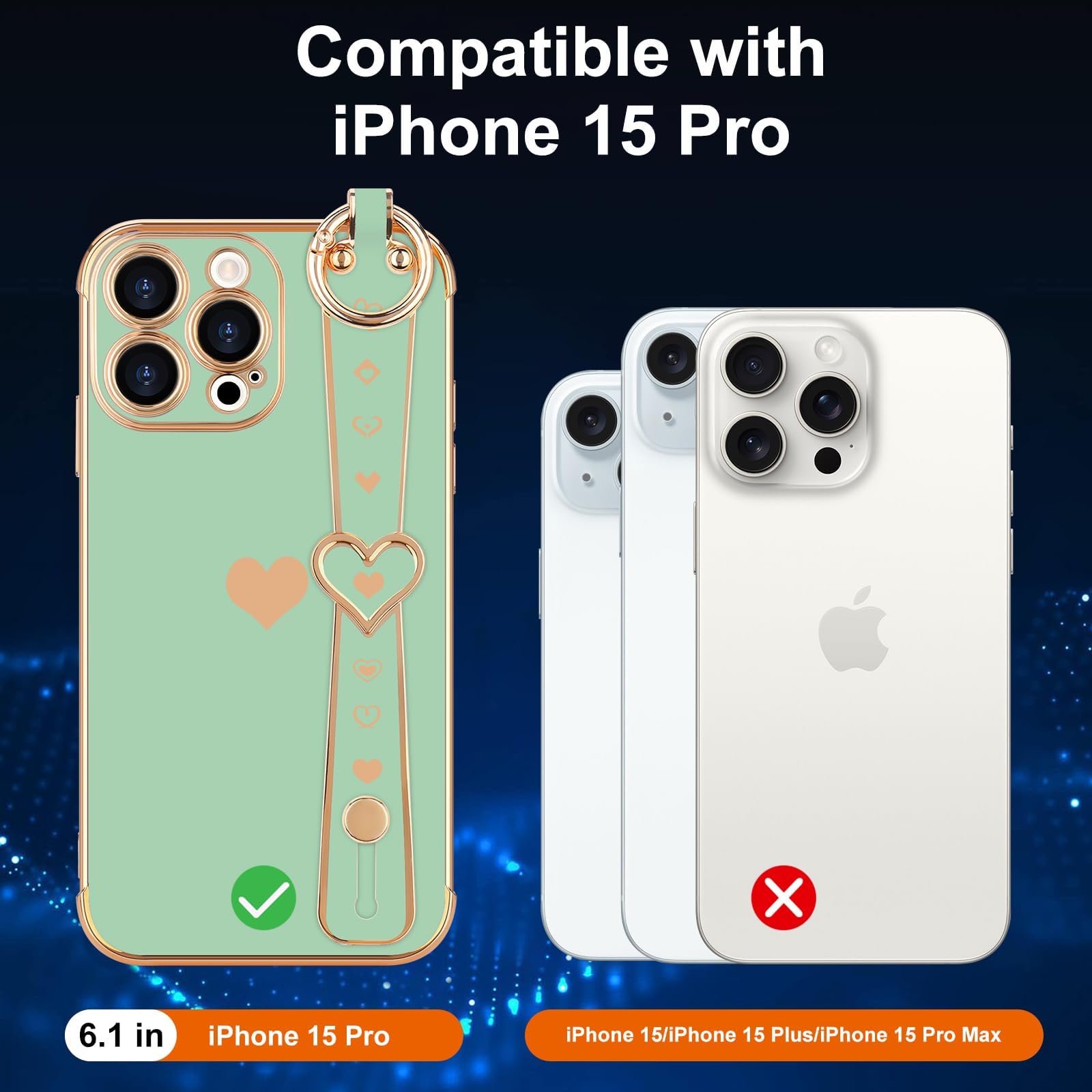 Llz.Coque For Iphone 15 Pro Case With Strap For Women Girls [2   Screen Protectors], Cute Love Hearts Design, Wristband Kickstan