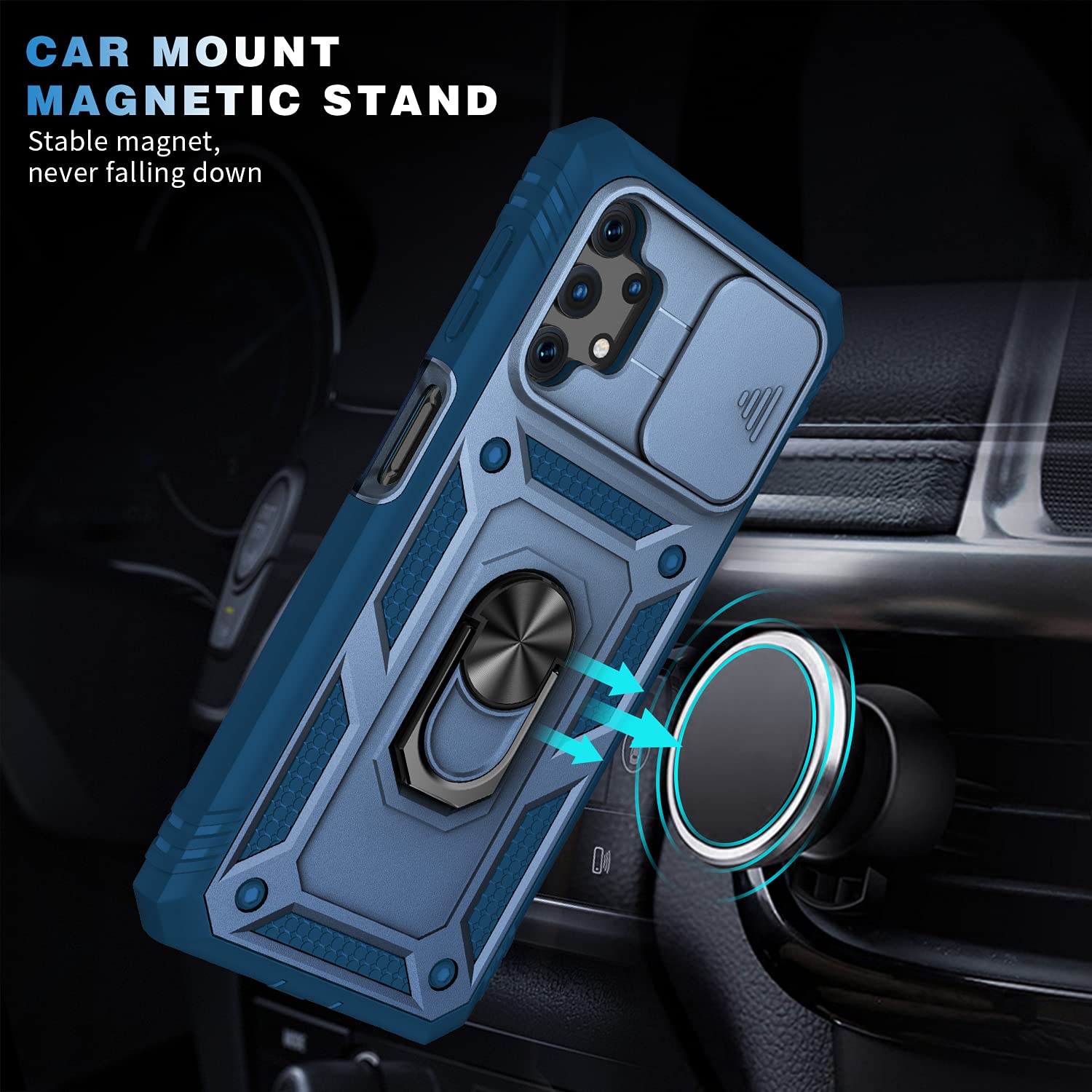 Pasnew For Samsung Galaxy A32 & M32 5G Case,Camera Lens Cover & Charge Port Dust Plug & Rotating Ring Kickstand,Military Heavy D