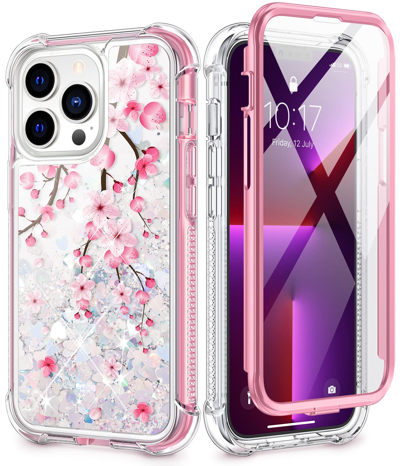 Caka Compatible For Iphone 13 Pro Max Case For Girls Women Glitter Flower Bling Liquid Sparkle With Screen Protector Flowing Qui
