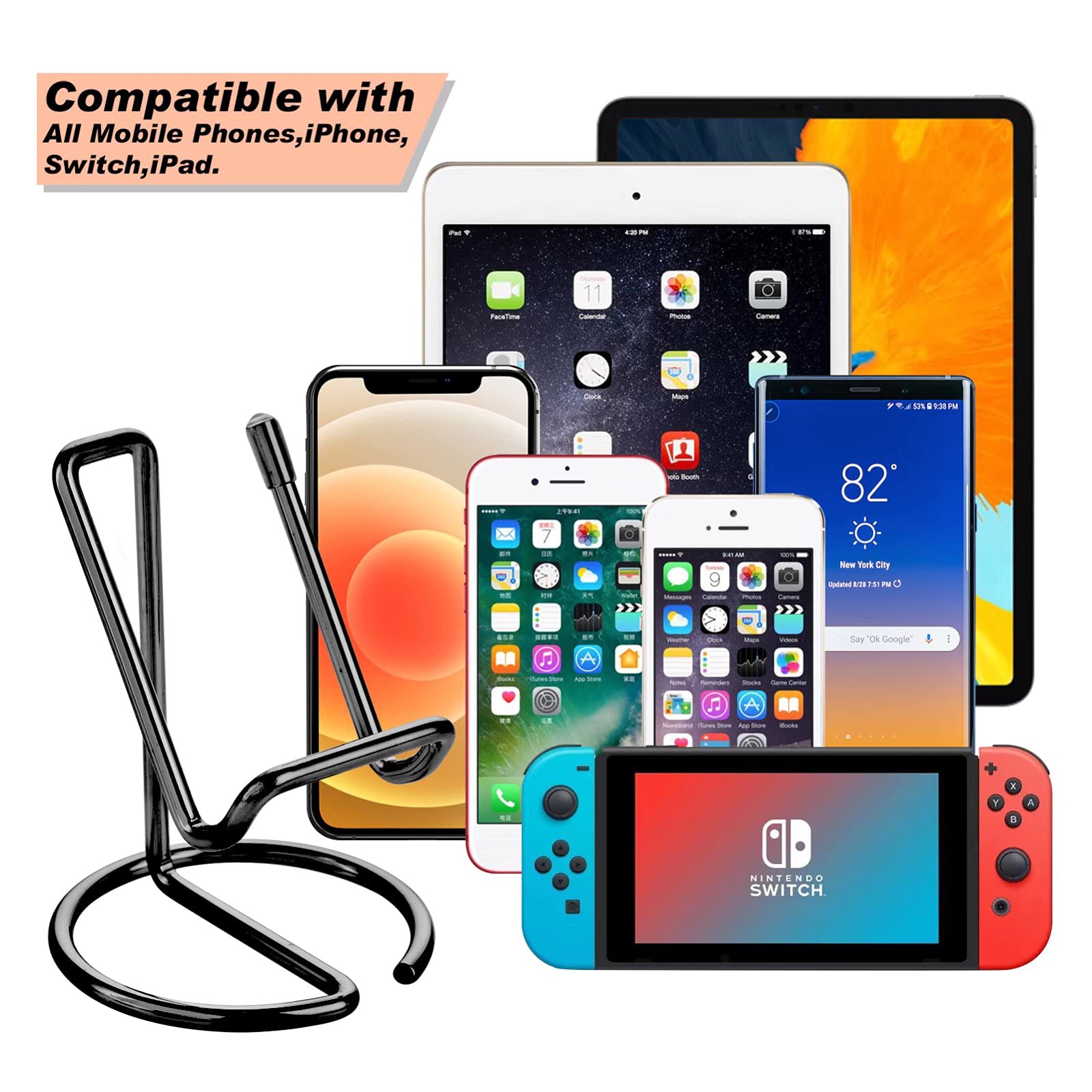 Roposy Cell Phone Stand For Desk, Cute Metal Black Cell Phone Stand Holder Desk Accessories, Compatible With All Mobile Phones,