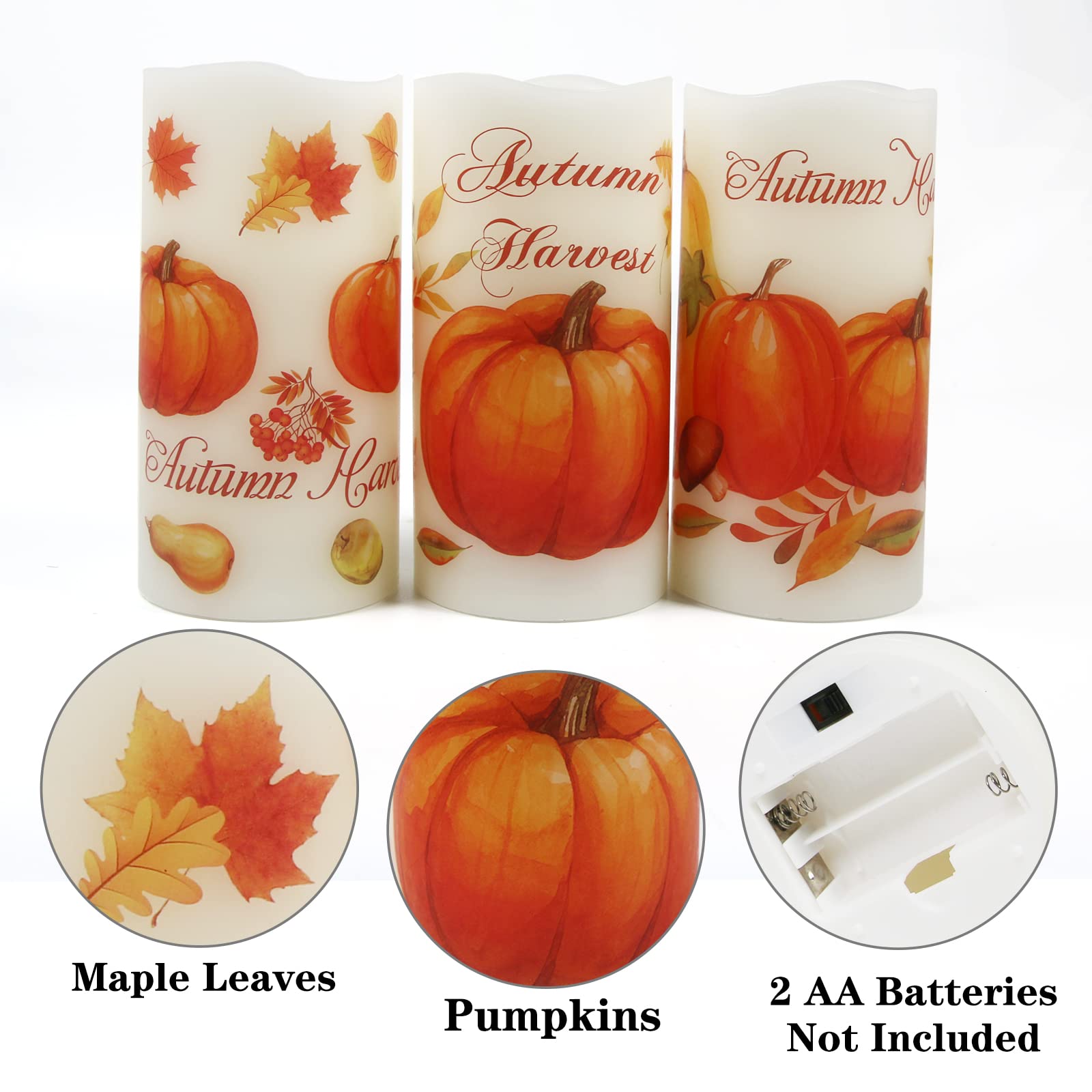 Lordearon Fall Pumpkin Flameless Candles Real Wax Led Candles Thanksgiving Decor Battery Operated Thanksgiving Pillar Candles Wi