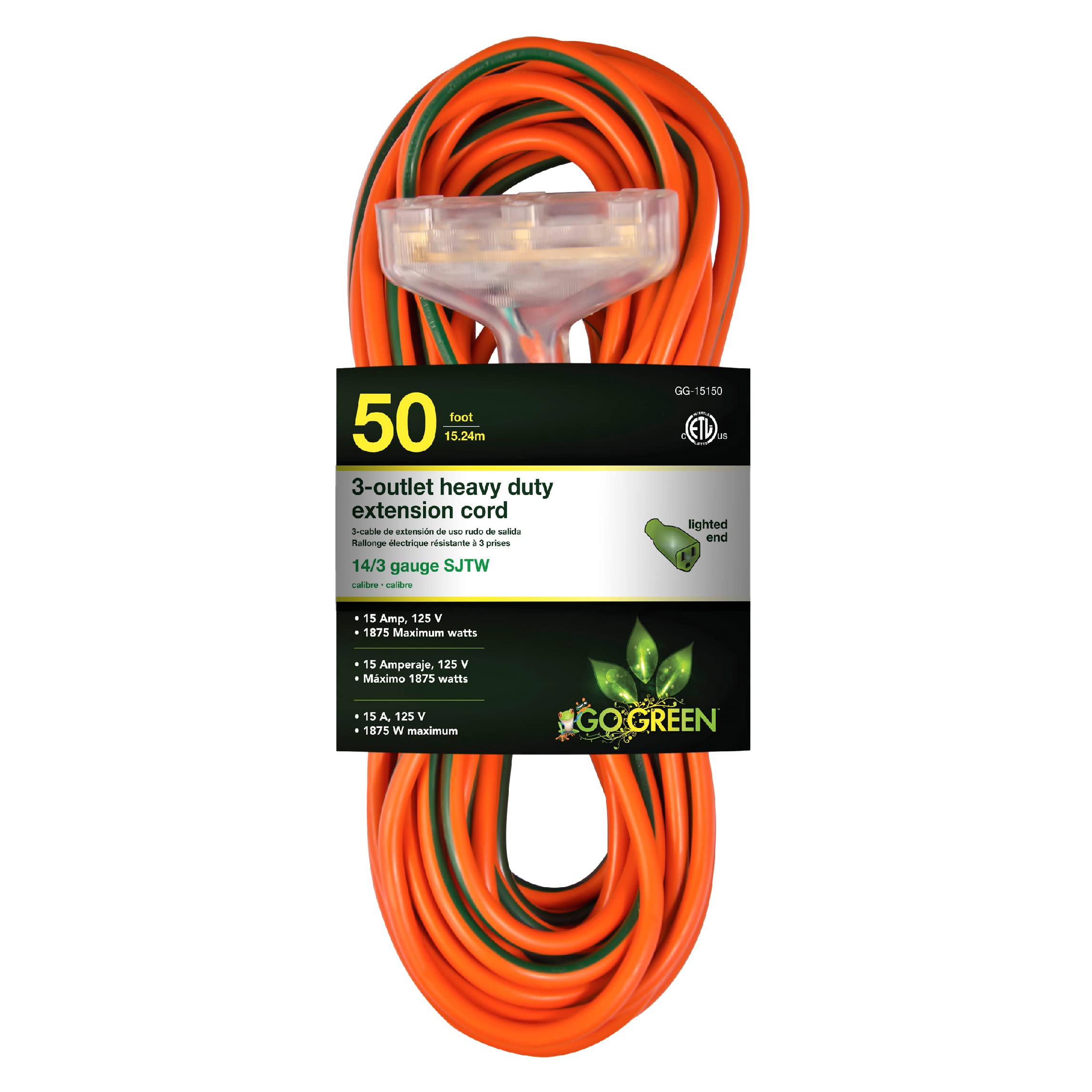 Gogreen Power (Gg 15150) 14/3 50 Sjtw 3 Outlet Heavy Duty Extension Cord, Lighted End, 50 Ft