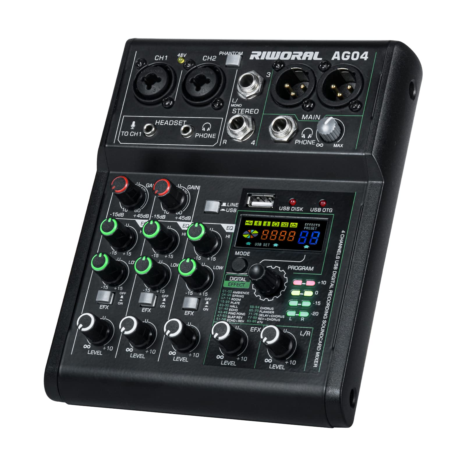 4 Channel Audio Mixer With Effects 88 Dsp Mixer Mixing Board Usb Interface Bluetooth Music Player + 48V Line Phantom Power Audio