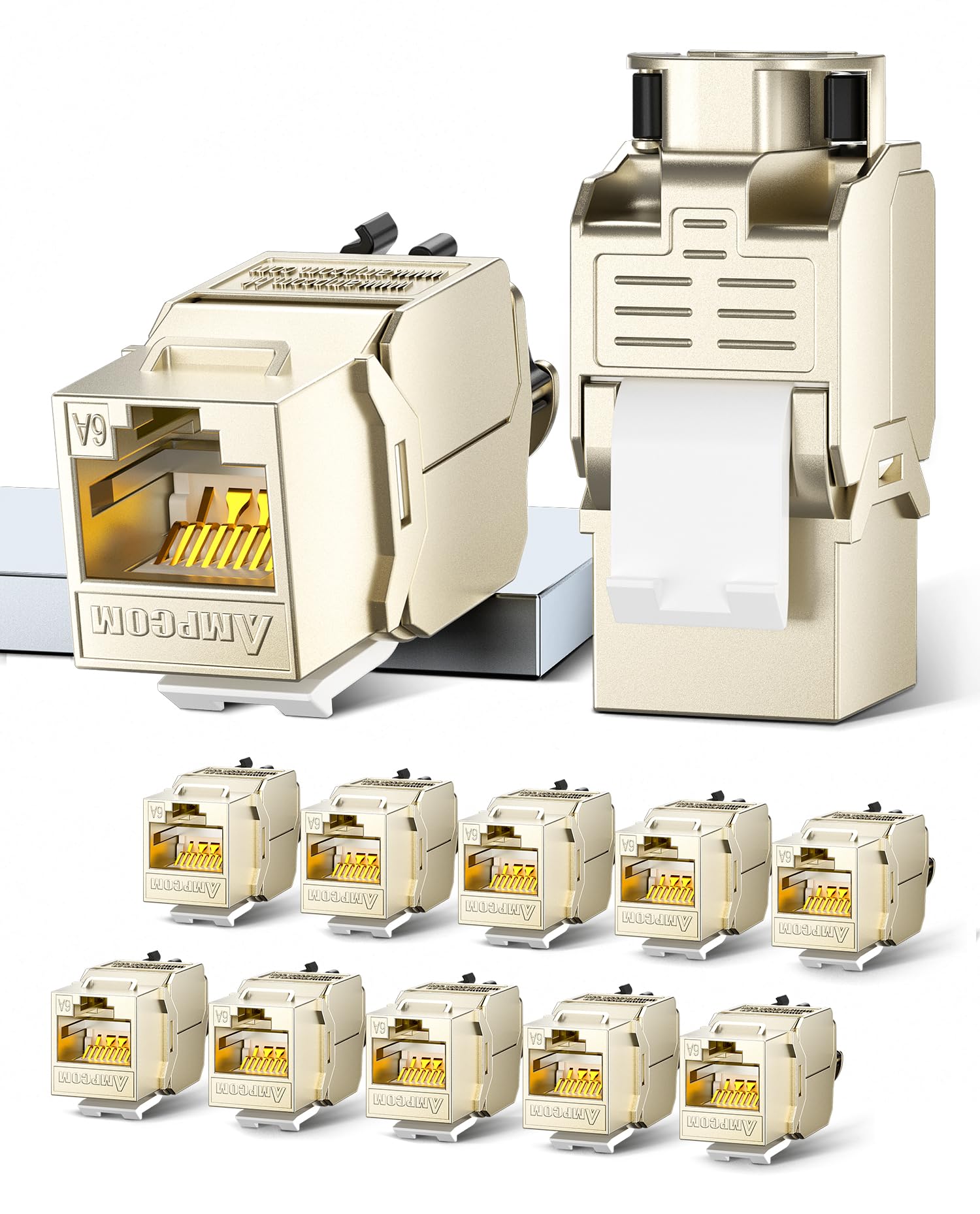 Ampcom Cat6A Keystone Jack Ratchet Zip Tie Design, 10Gbps 500Mhz Shielded Zinc Alloy Rj45 Tool Free Keystone Connector 12 Pack