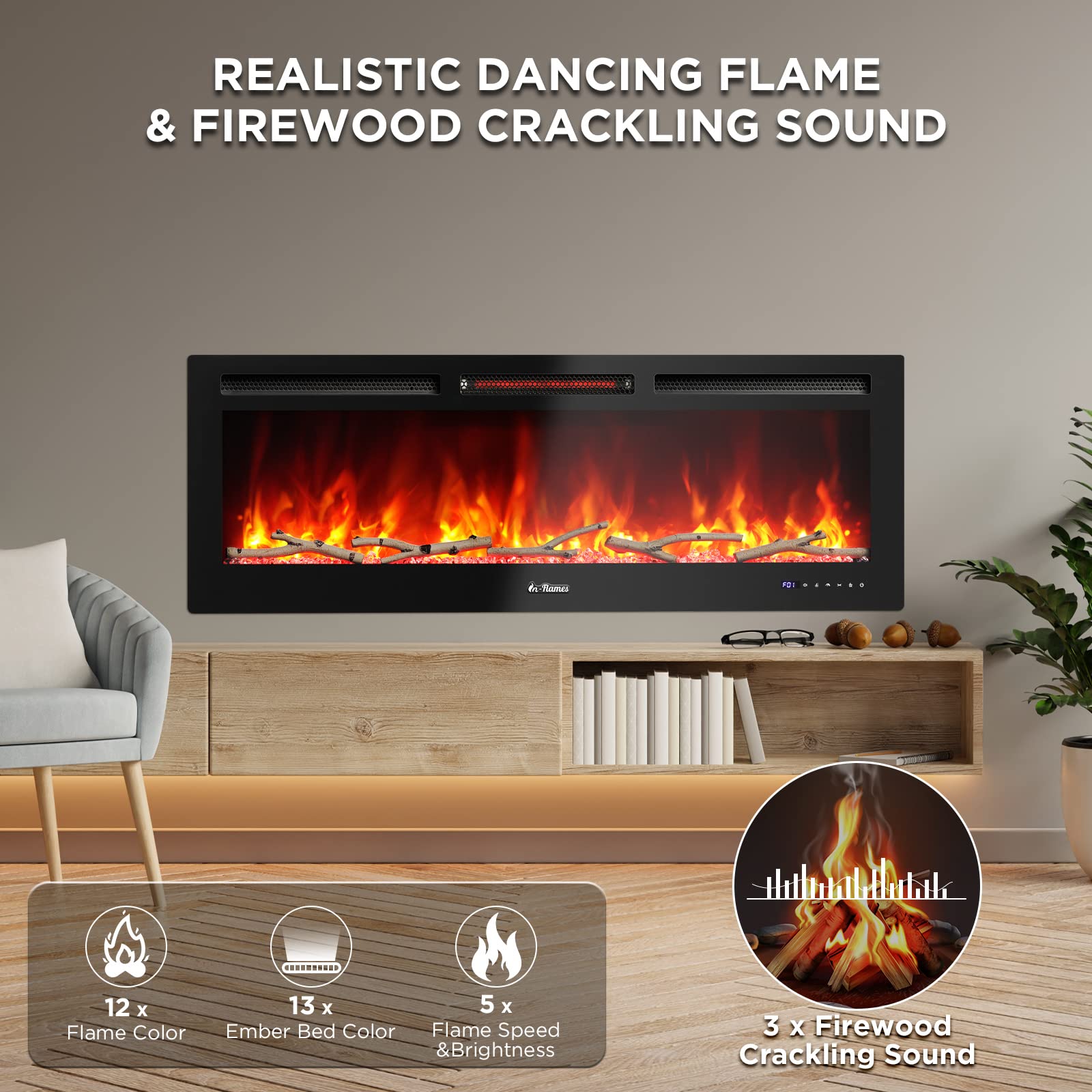 Turbro 50    Smart Wifi Infrared Electric Fireplace With Sound Crackling And Realistic Flame, 1500W Quartz Heater, Recessed Or W