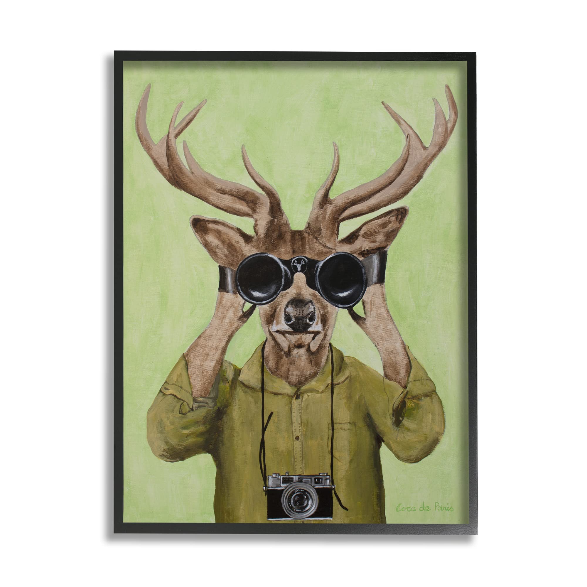 Stupell Industries Funny Cute Deer Binoculars Camera Painting Green Background, Design by Coco de Paris