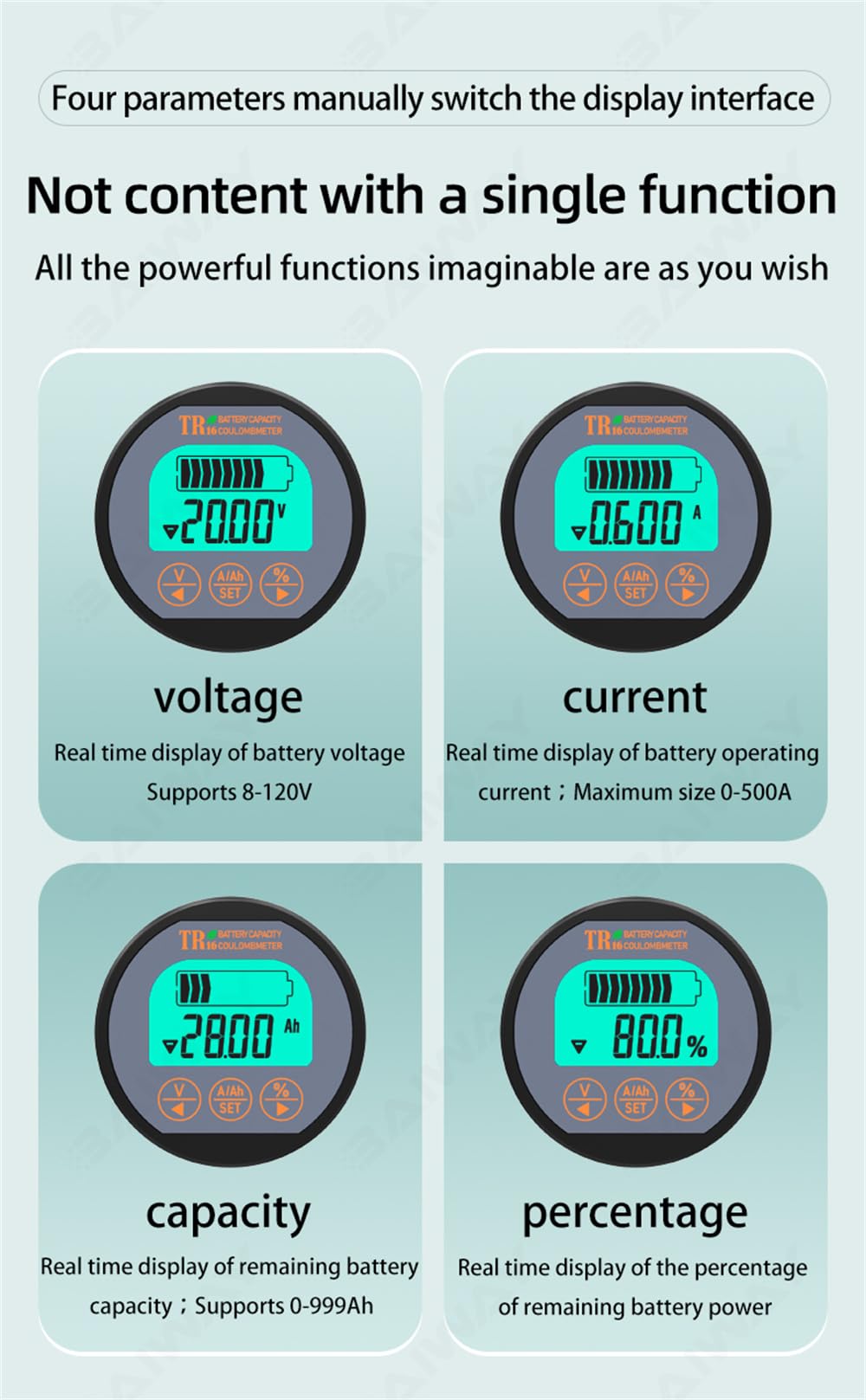 HENGSHAN TR16-350A Voltmeter Ammeter 100V 350A, Black, Plastic, for Caravan RV Motorhome