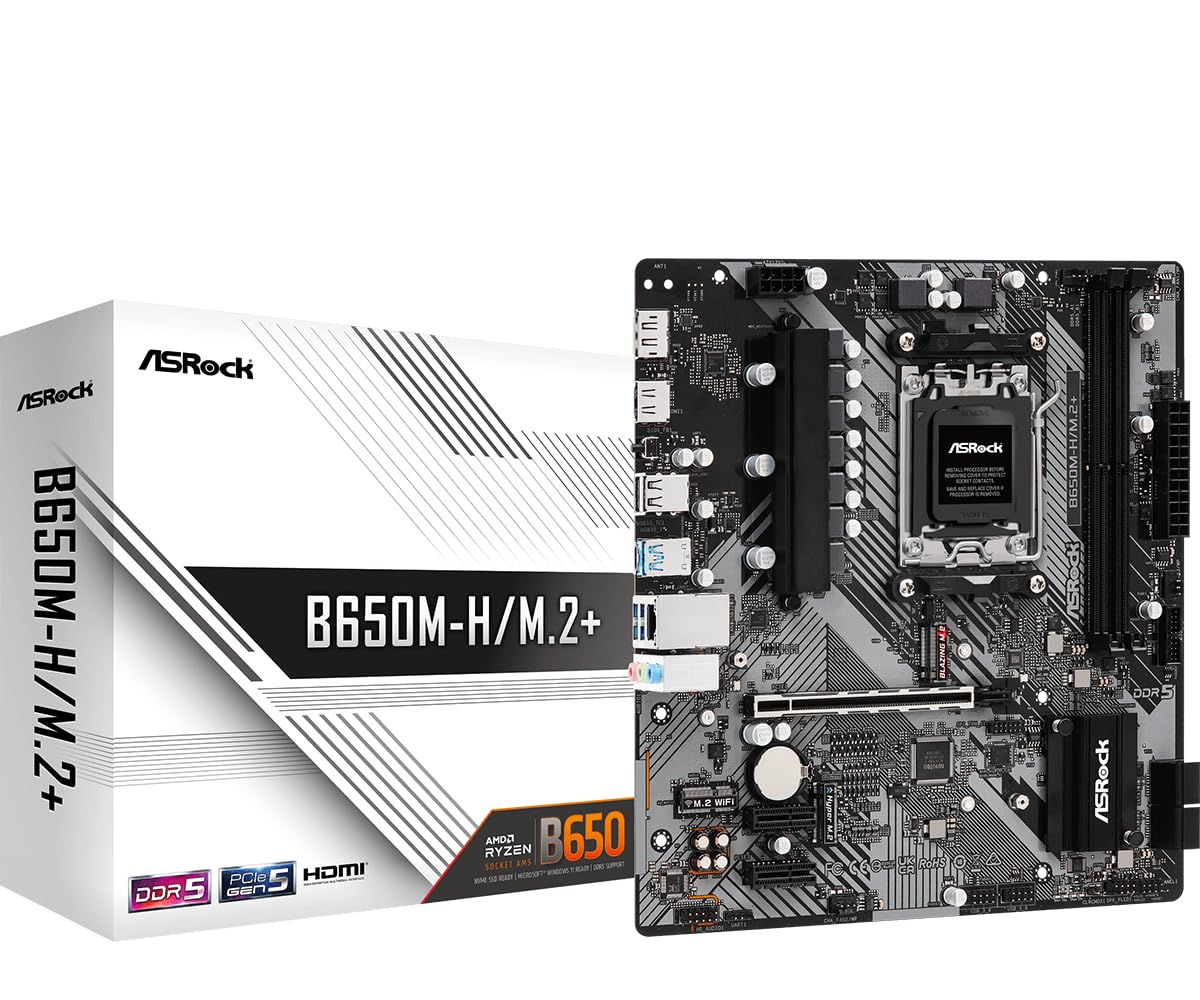 ASRock B650M-H/M.2+ Motherboard DDR5 DIMMs 6 USB HDMI DisplayPort Micro ATX 96 GB 6400 MHz Socket AM5 SATA3 6.0 Gb/s RDNA 2 Grap