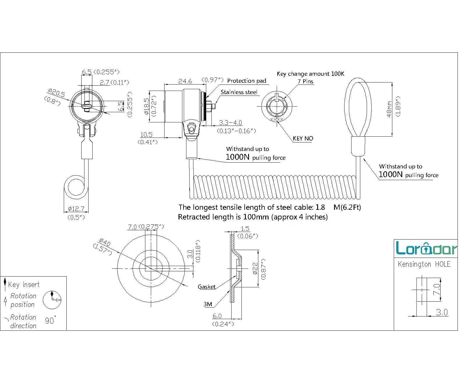 Loradar 5Pack Single Package Keyed Alike Security Hardware Cable Lock Kit Laptop Lock 5Keys 6.2Ft For Monitors, Laptops, Macbook