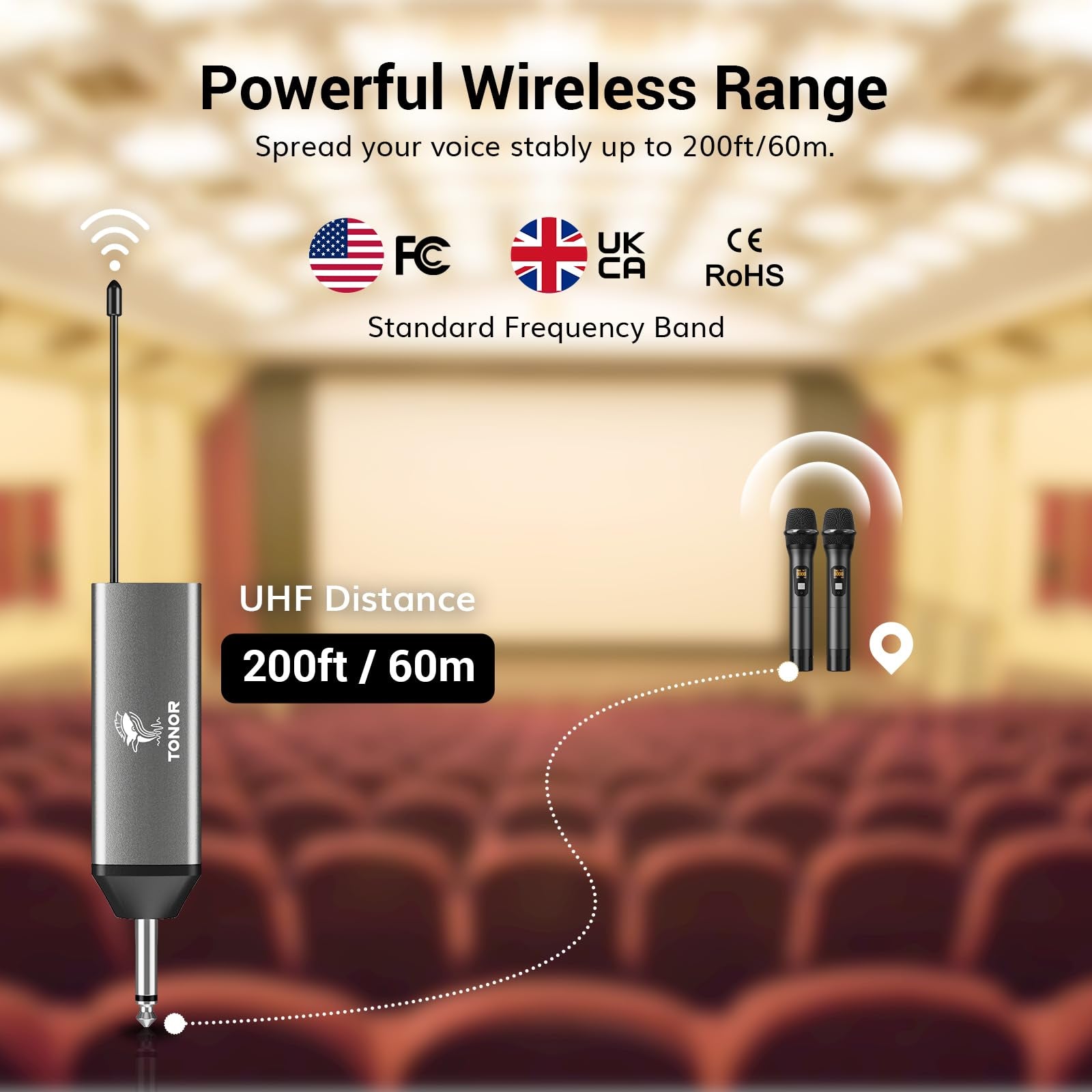 Tonor Wireless Microphone, Uhf Dual Cordless Metal Dynamic Mic System With Rechargeable Receiver (Black)