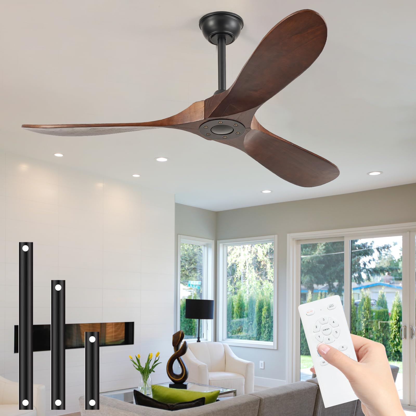 YOZZAN 52 Solid Real Wood Ceiling Fan no Light,DC Motor 6 Speeds Adjustable with Large Airflow,Outdoor Ceiling Fan Dark Walnut
