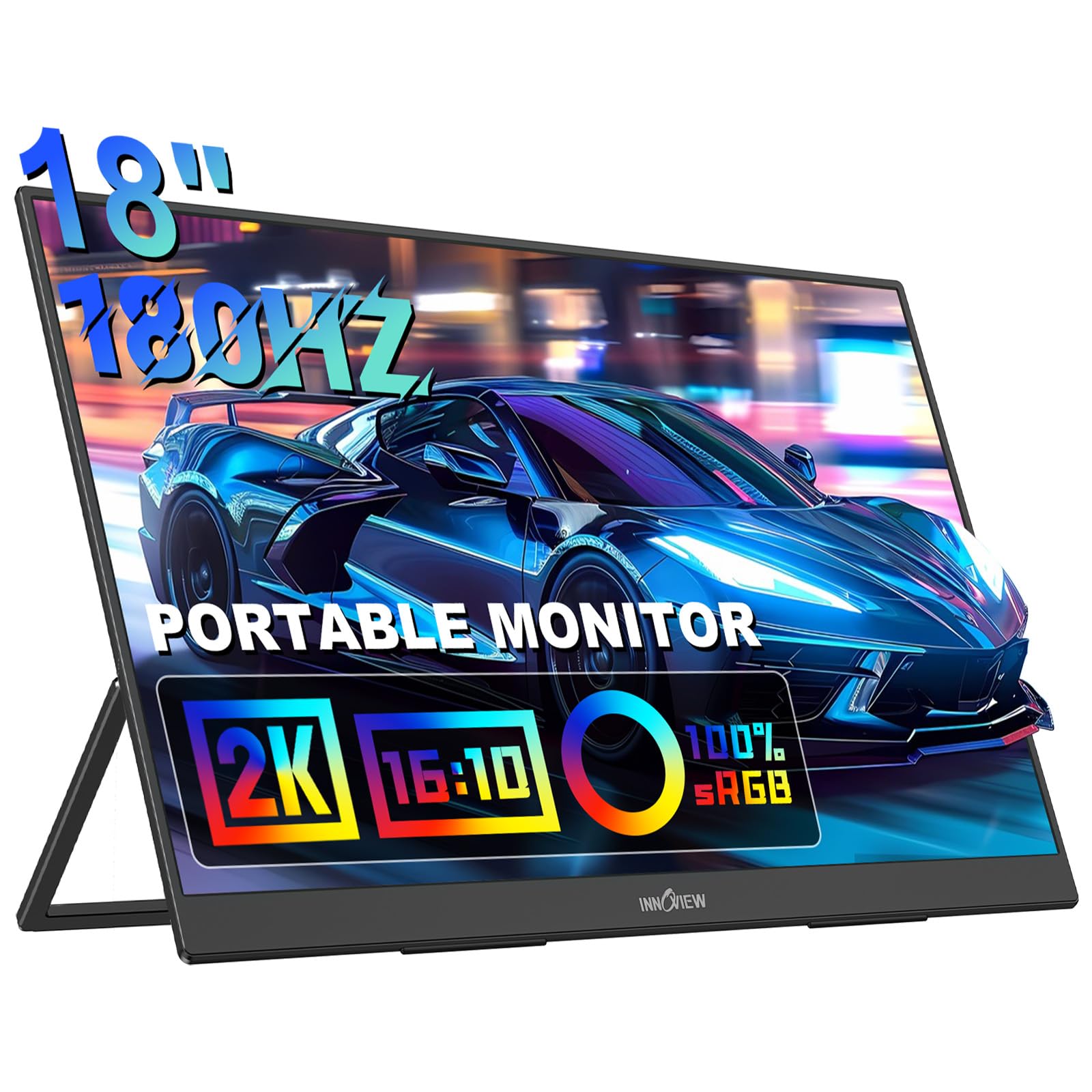 Innoview 2K 180Hz Portable Monitor, 18'' Od Gameplus 2560X1600 Qhd 100% Srgb Portable Gaming Monitor With Kickstand Hdr Freesync