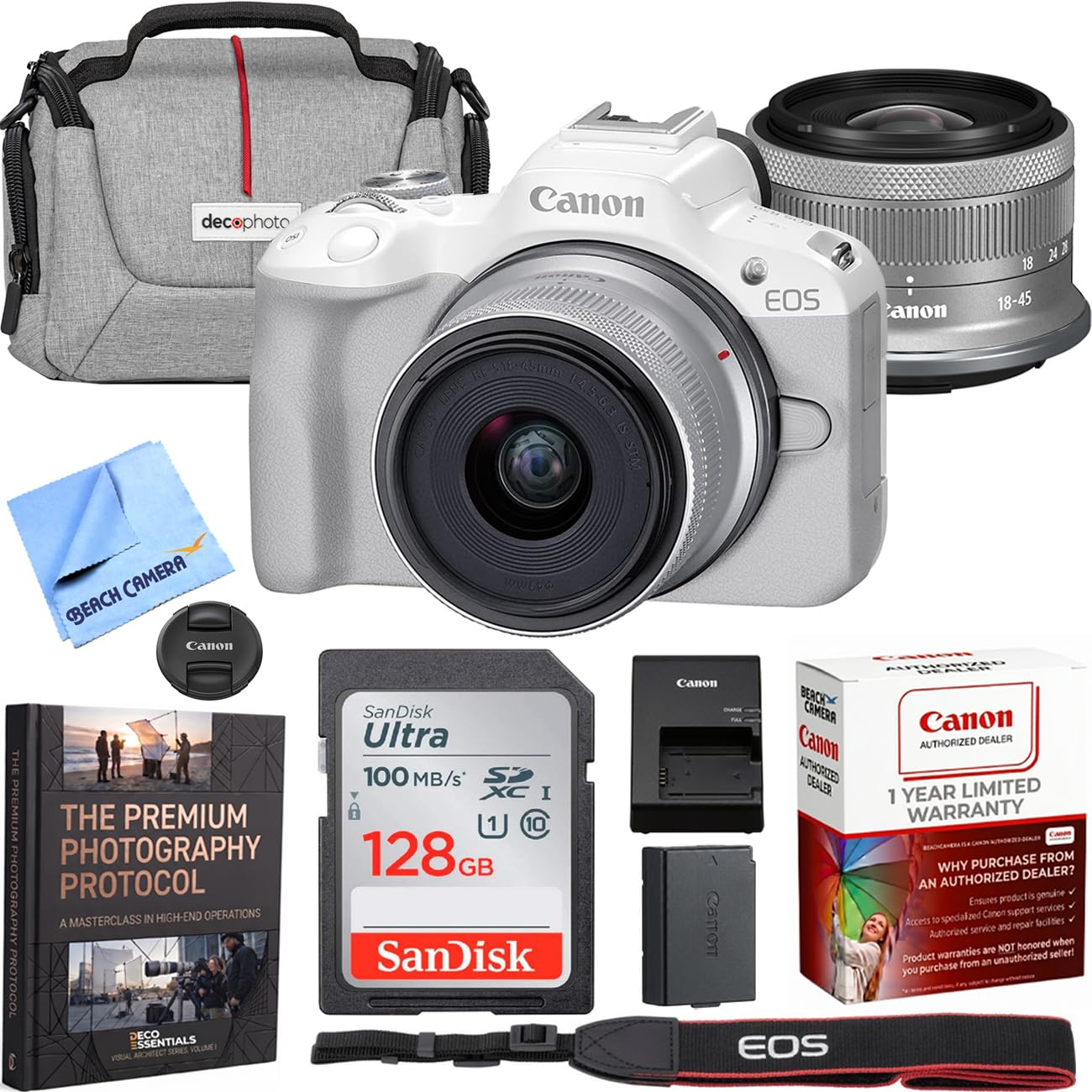 Canon EOS R50 Mirrorless Camera (White) with 1845mm is STM Lens Kit Bundle