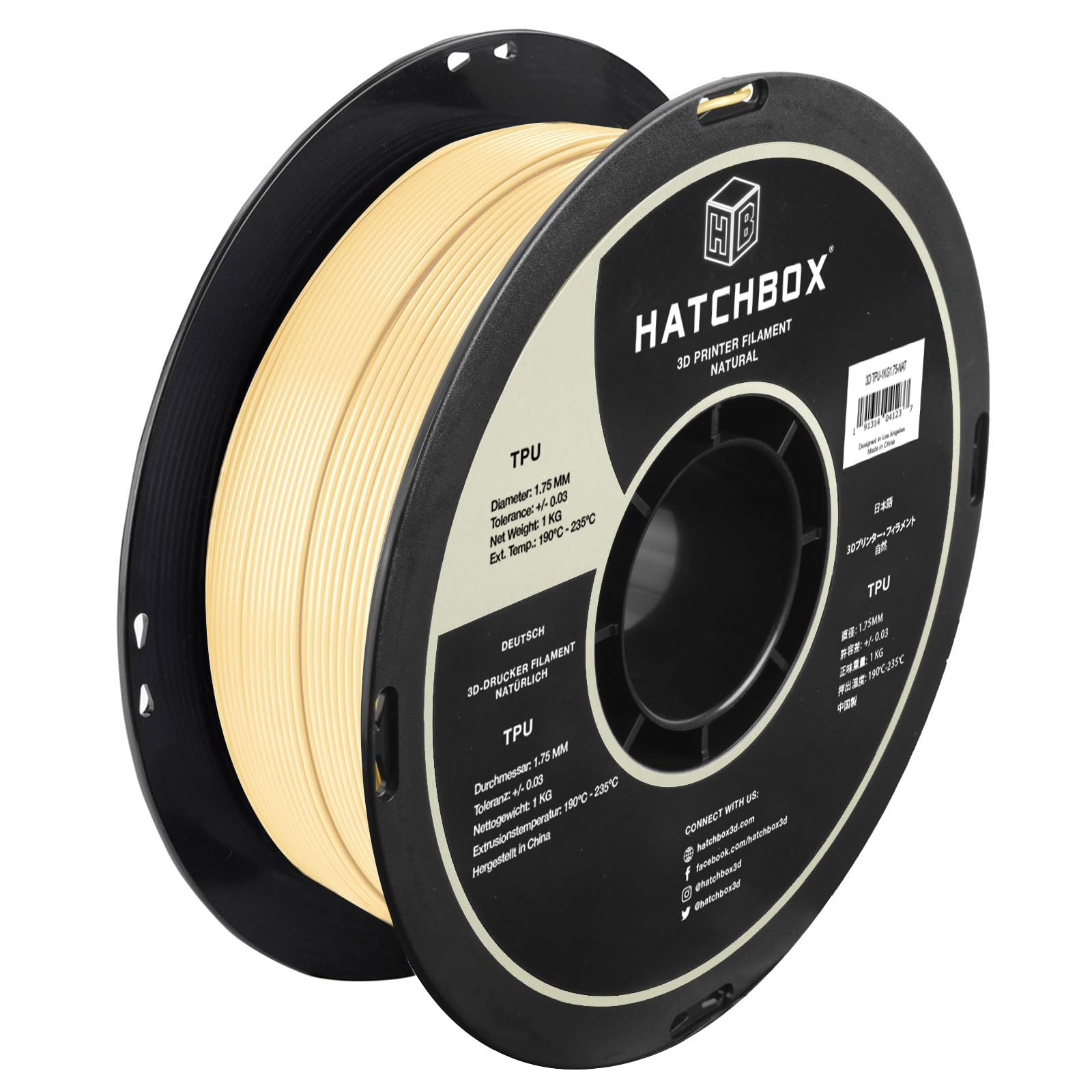 HATCHBOX 1.75mm Natural TPU 3D Printer Filament Shore 95A, 1 KG Spool, Dimensional Accuracy +/- 0.03 mm, 3D Printing Filament