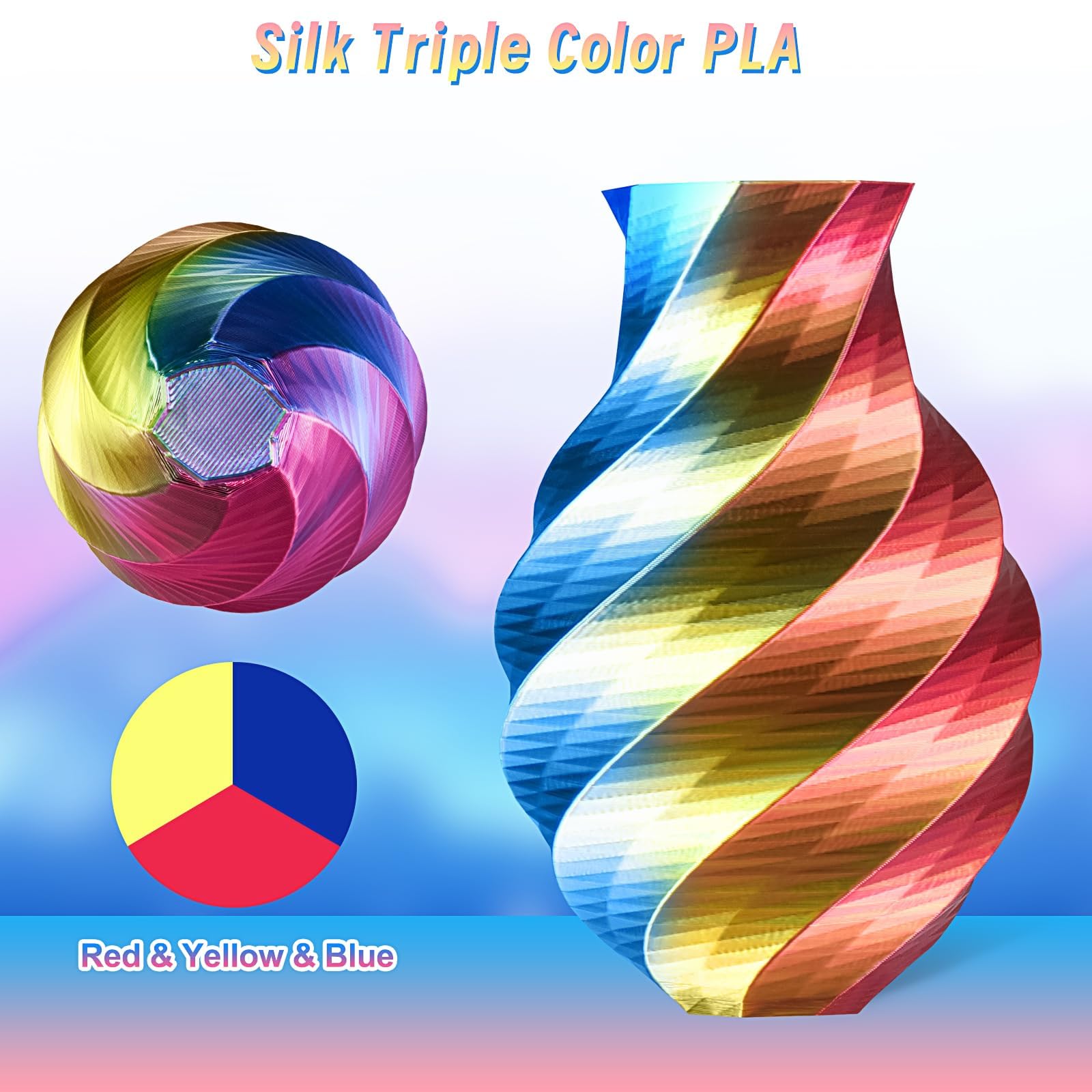 Eryone Silk Tri Color Pla Filament 3D Printer 1.75Mm +/  0.03Mm, Multicolor Filament Tricolor Pla 250G(0.55Lbs) Cardboard Spool,
