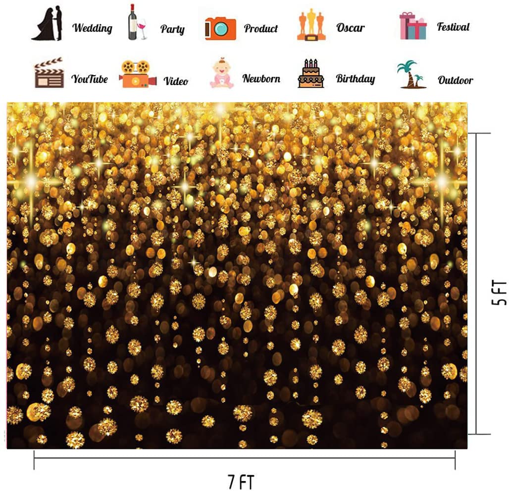 Chaiya 7X5Ft Gold Glitter Backdrop Curtain Black Gold Bokeh Photo Booth Background For Prom Graduation, Wedding, Bridal Shower,