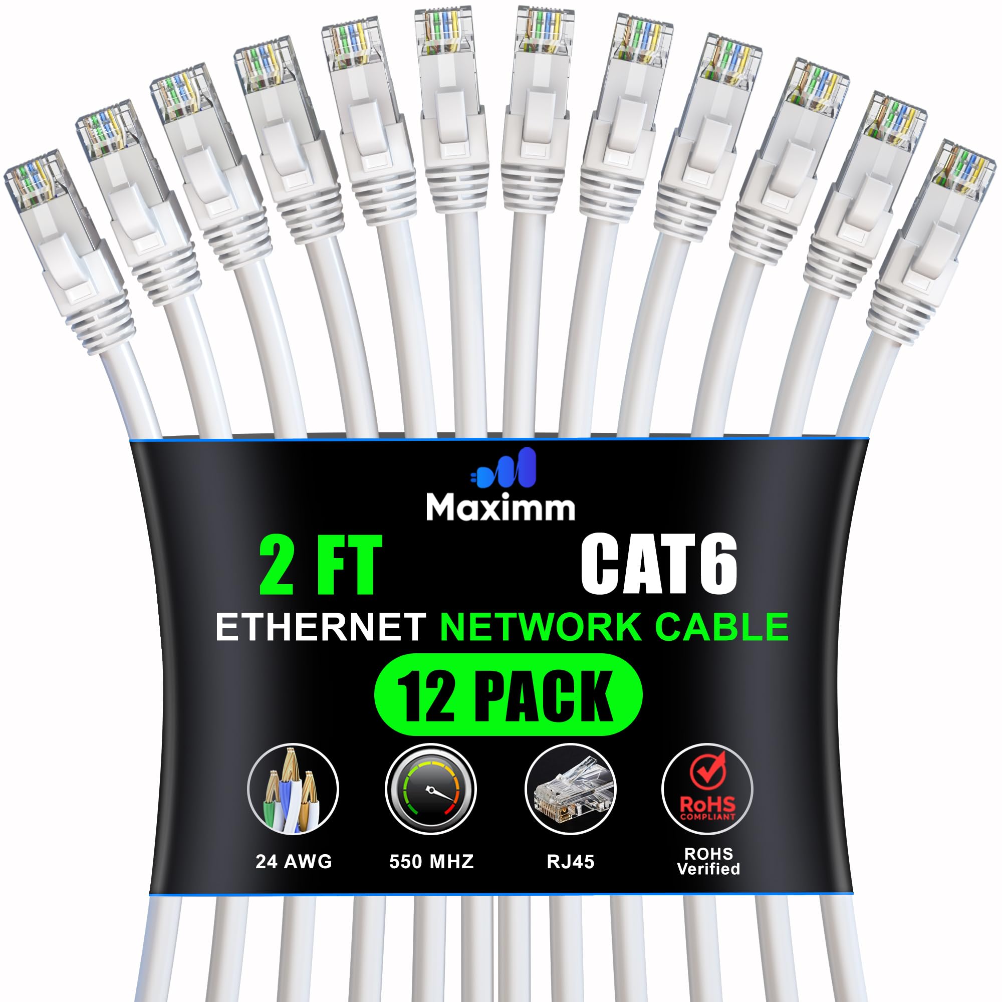 Maximm Cat 6 Ethernet Cable 2 Ft (12 Pack)   High Speed Lan Cable, Internet Cable, Patch Cable, And Network Cable   Utp, 10Gbps, 550Mhz Ethernet Cord   White