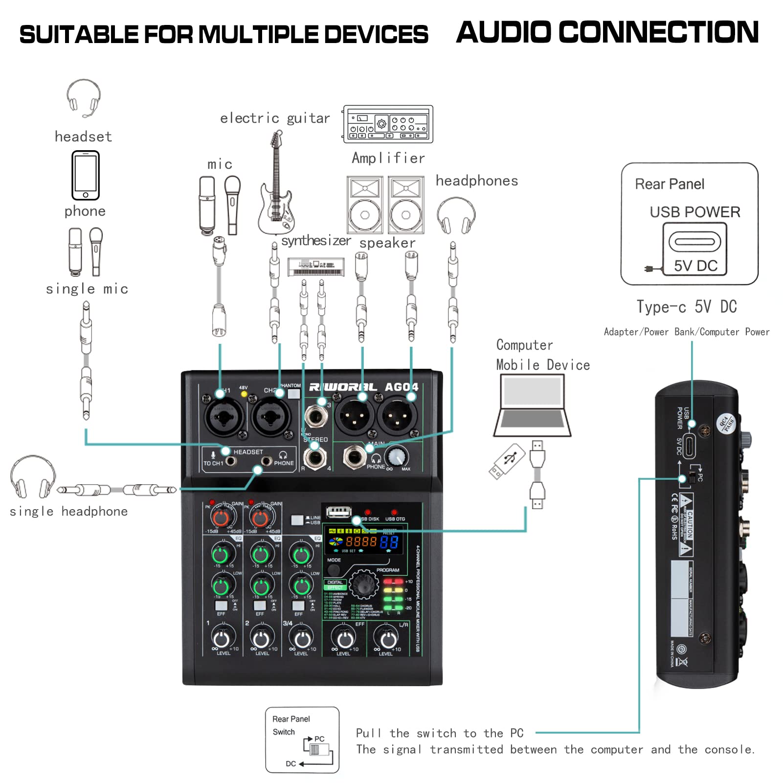 4 Channel Audio Mixer With Effects 88 Dsp Mixer Mixing Board Usb Interface Bluetooth Music Player + 48V Line Phantom Power Audio