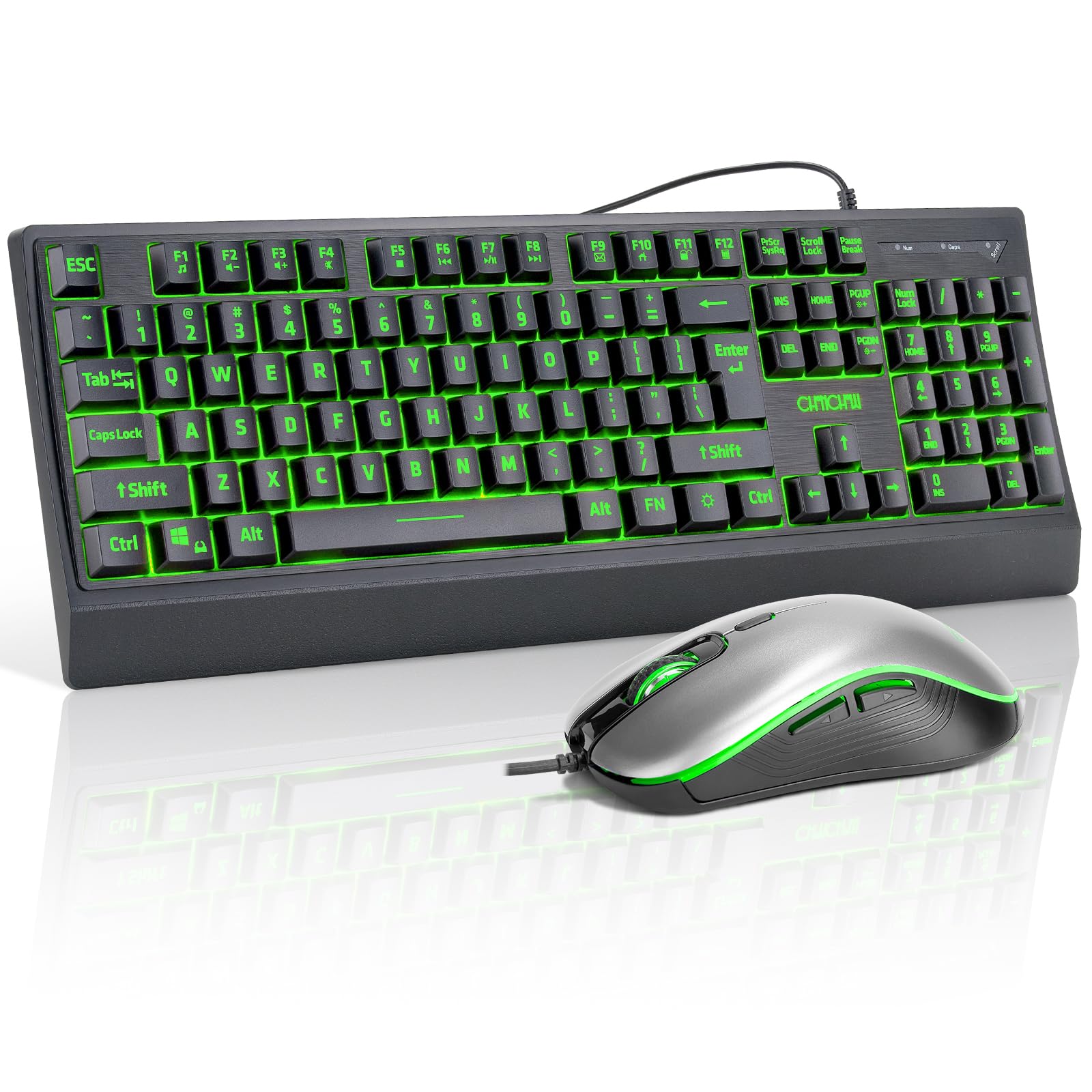 USB Wired Keyboard and Mouse Combo with Red-Yellow-Green LED, Silent Gaming Keyboard with 12 Mulitmedia Keys, Light Up Large Pri