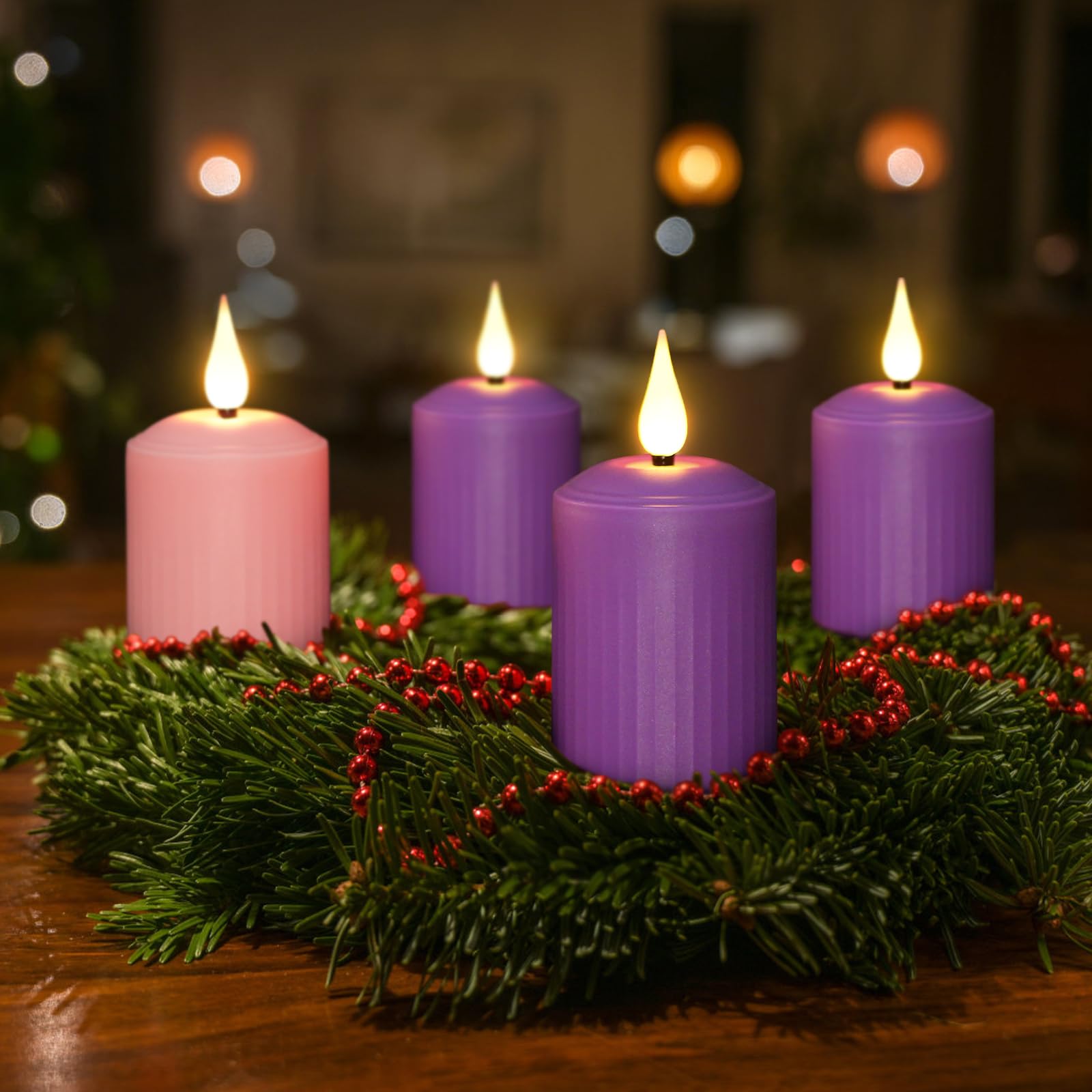 Daord D2 X H4 Advent Led Candles Set Of 4 Christmas Led Flameless Pillar Candle 3 Purple And 1 Pink For Advent Rituals Festival