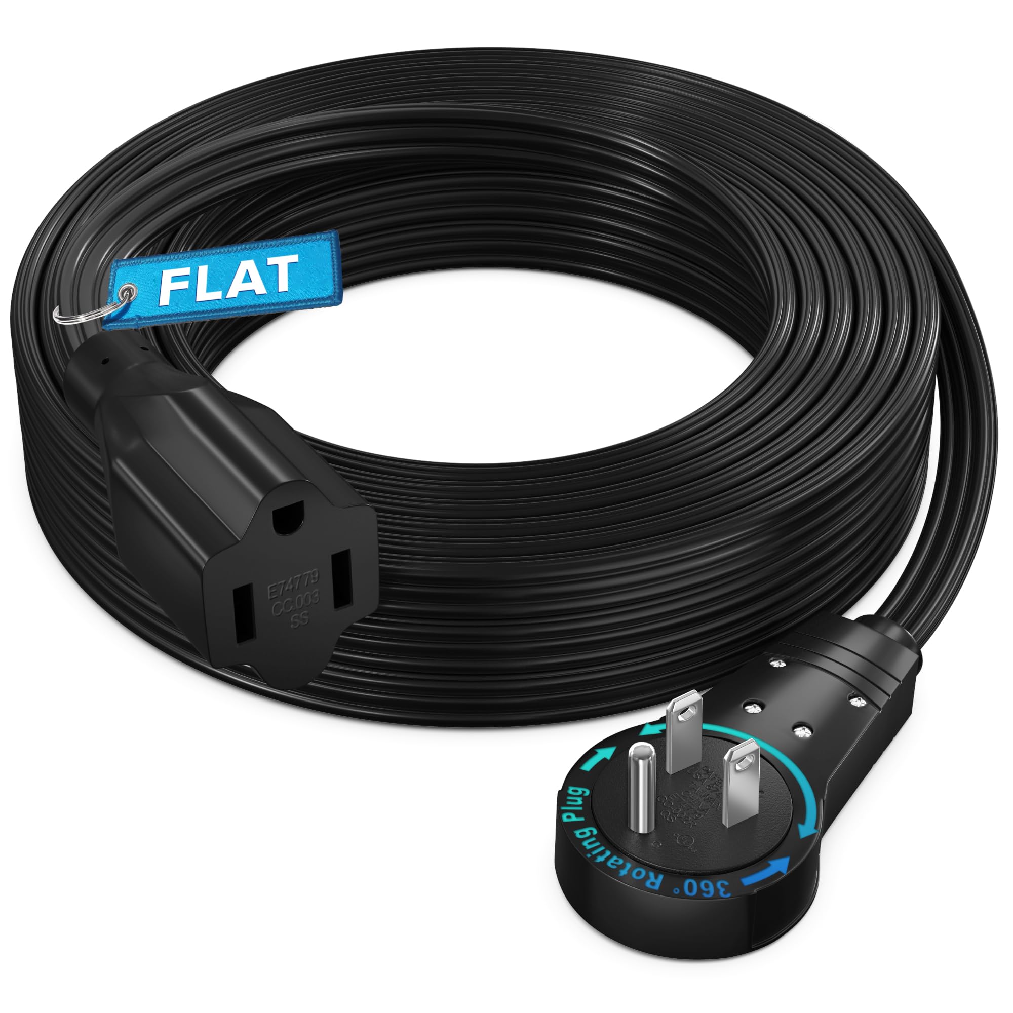 Maximm 360? Rotating Flat Plug Extension Cord 20 feet Flat Extension Cord Under Carpet with Slim Space-Saving Plug Design, Low P