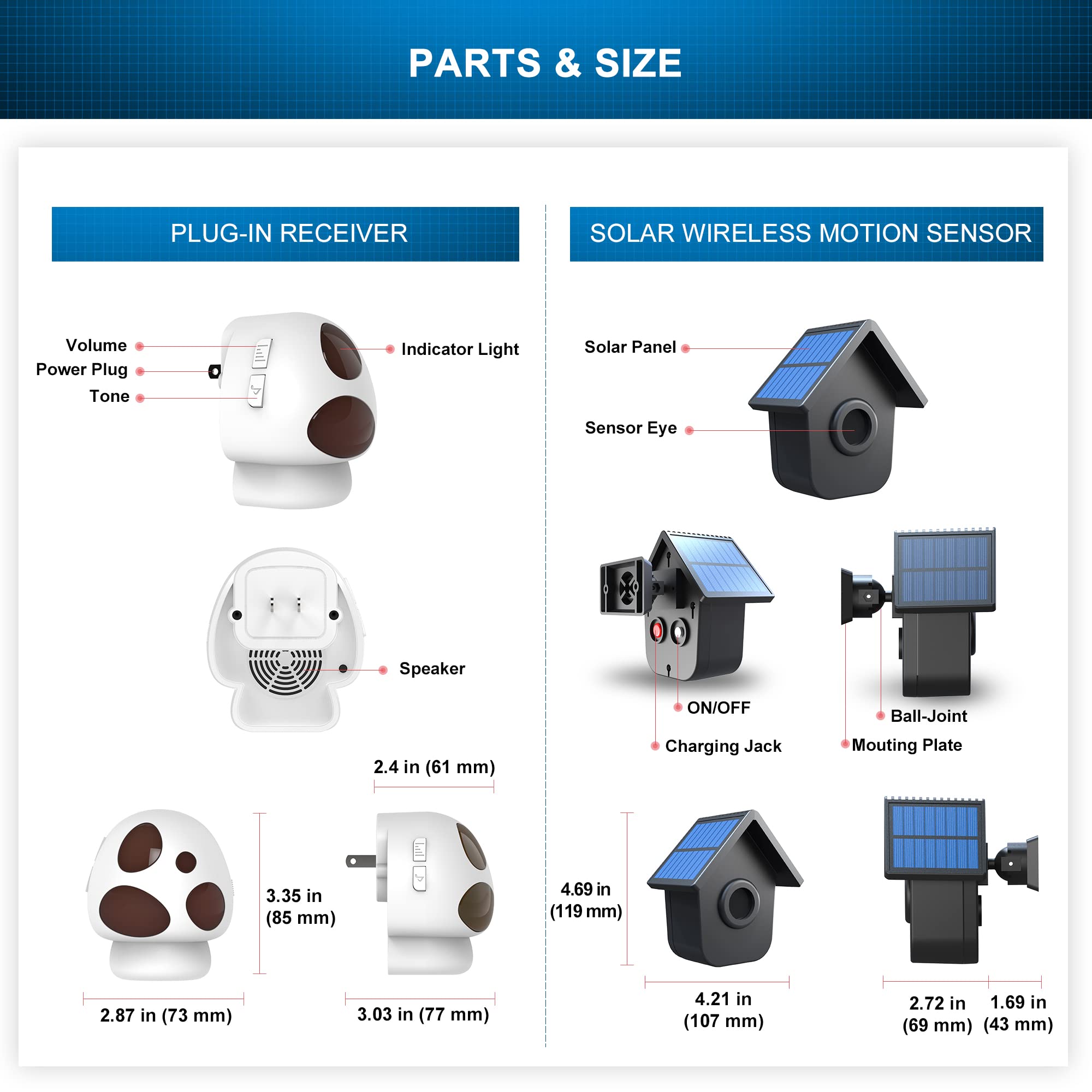Htzsafe 1/2 Mile Long Range Solar Driveway Alarm   Outdoor Weatherproof Wireless Motion Sensor&Detector  Portable Receiver Has Long Last Backup Battery   Diy Security System �1�Receiver�+�4�Sensors