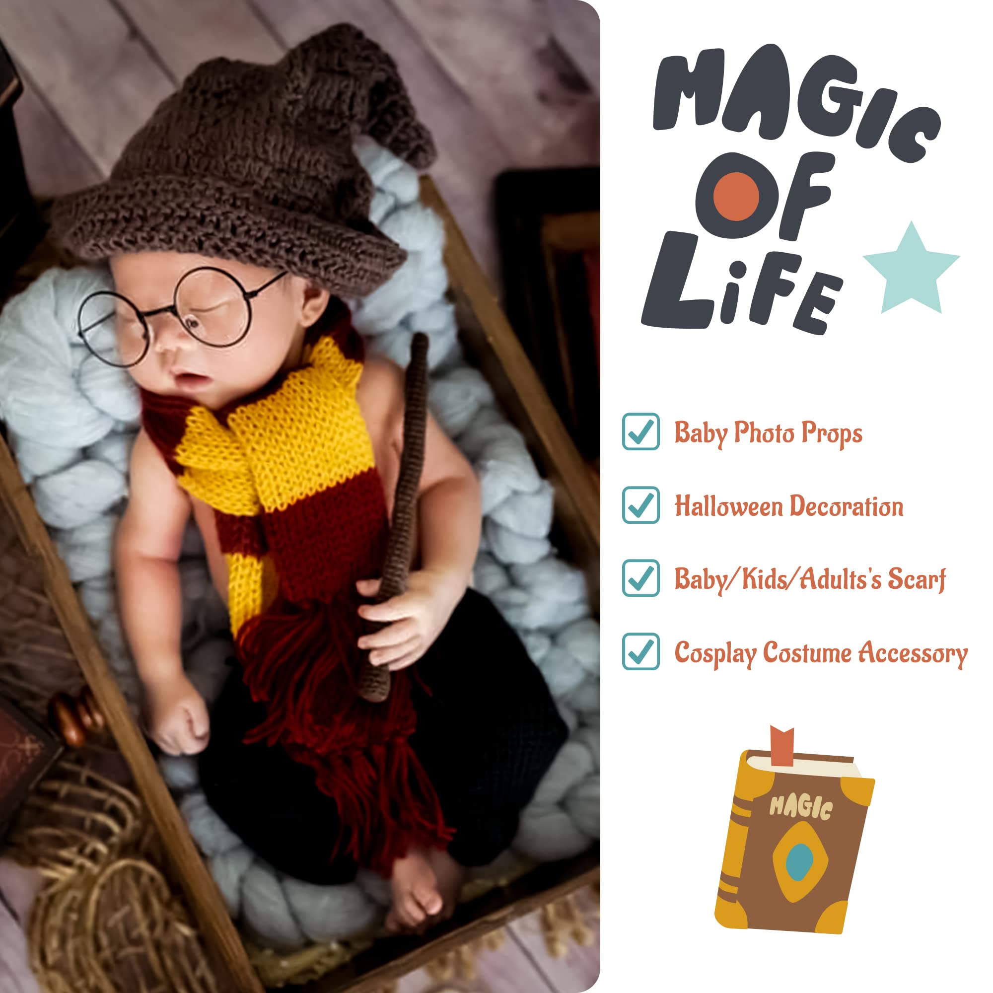 Newborn Photography Props Halloween Wizard Witch Hat Scarf Wand Glasses Frame 4 Pcs Set Crochet Baby Photo Prop Halloween Baby P