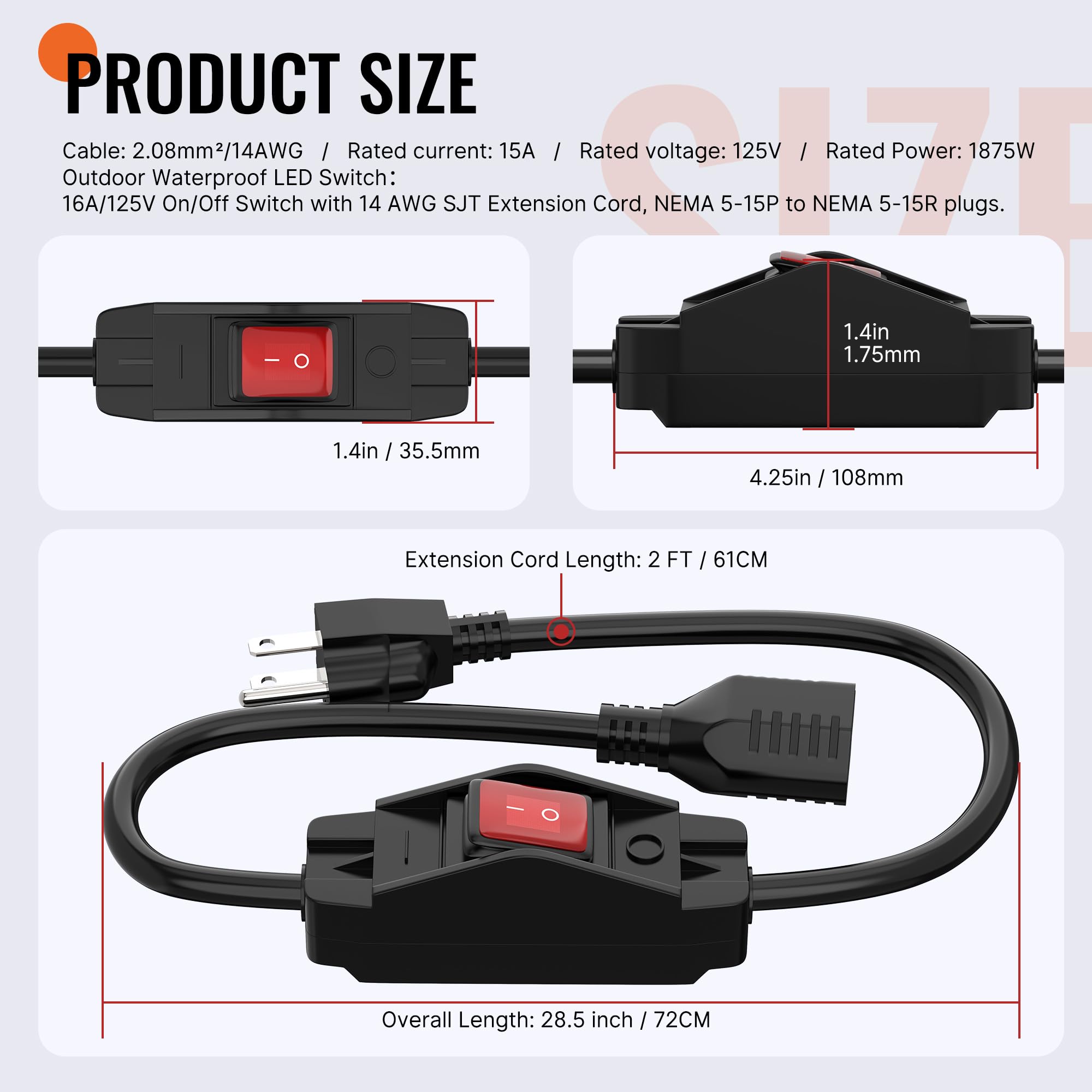 Joinfworld 2 Ft Extension Cord With Switch Outdoor 14Awg 3 Prong Switched Extension Cord 15A 125V Waterproof Lighted Extension C
