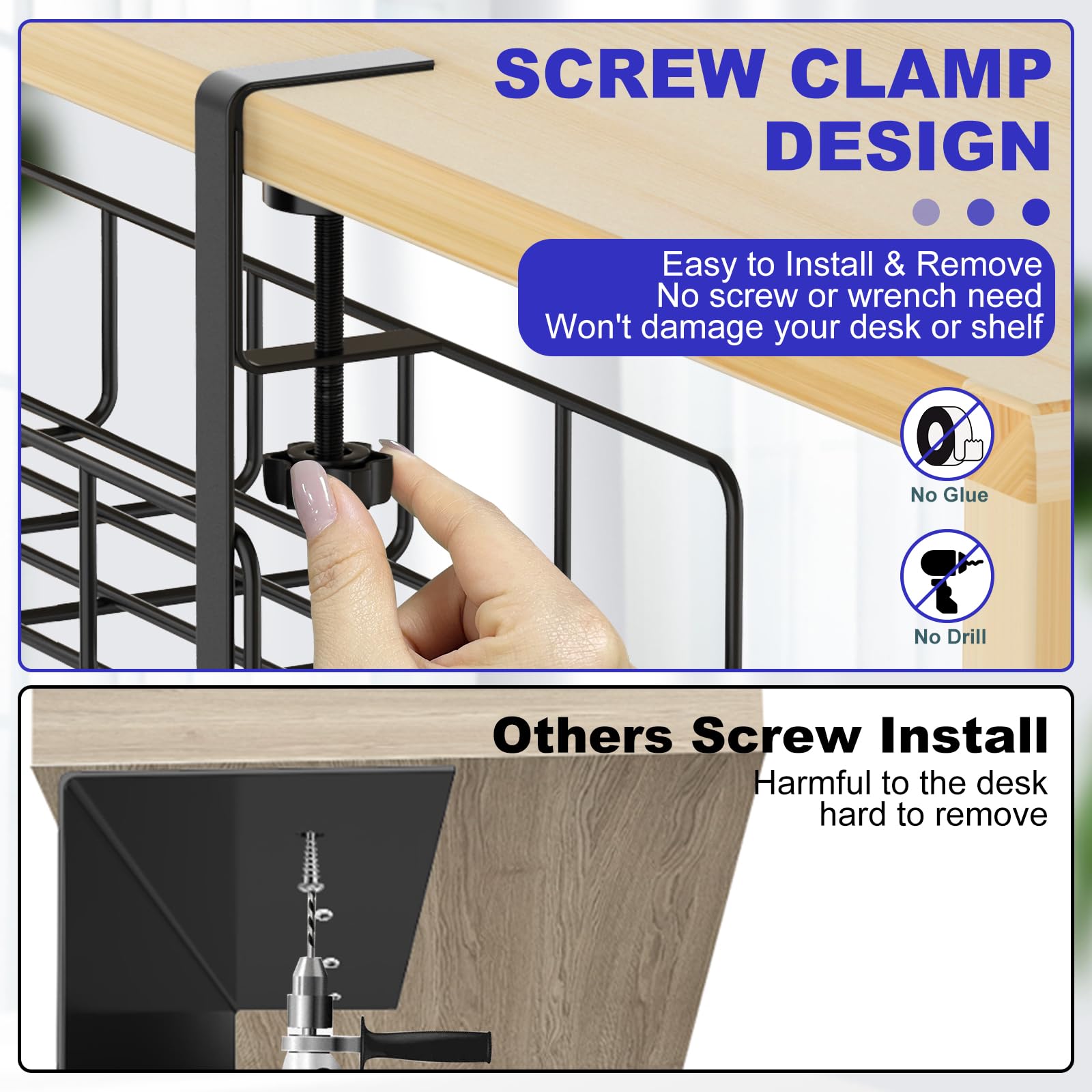 Under Desk Cable Management Tray, 31.5'' No Drill Steel Desk Cable Organizers, Wire Management Tray Cable Management Rack, Desk Cable Tray With Wire Organizer And Desk Cord Organizer