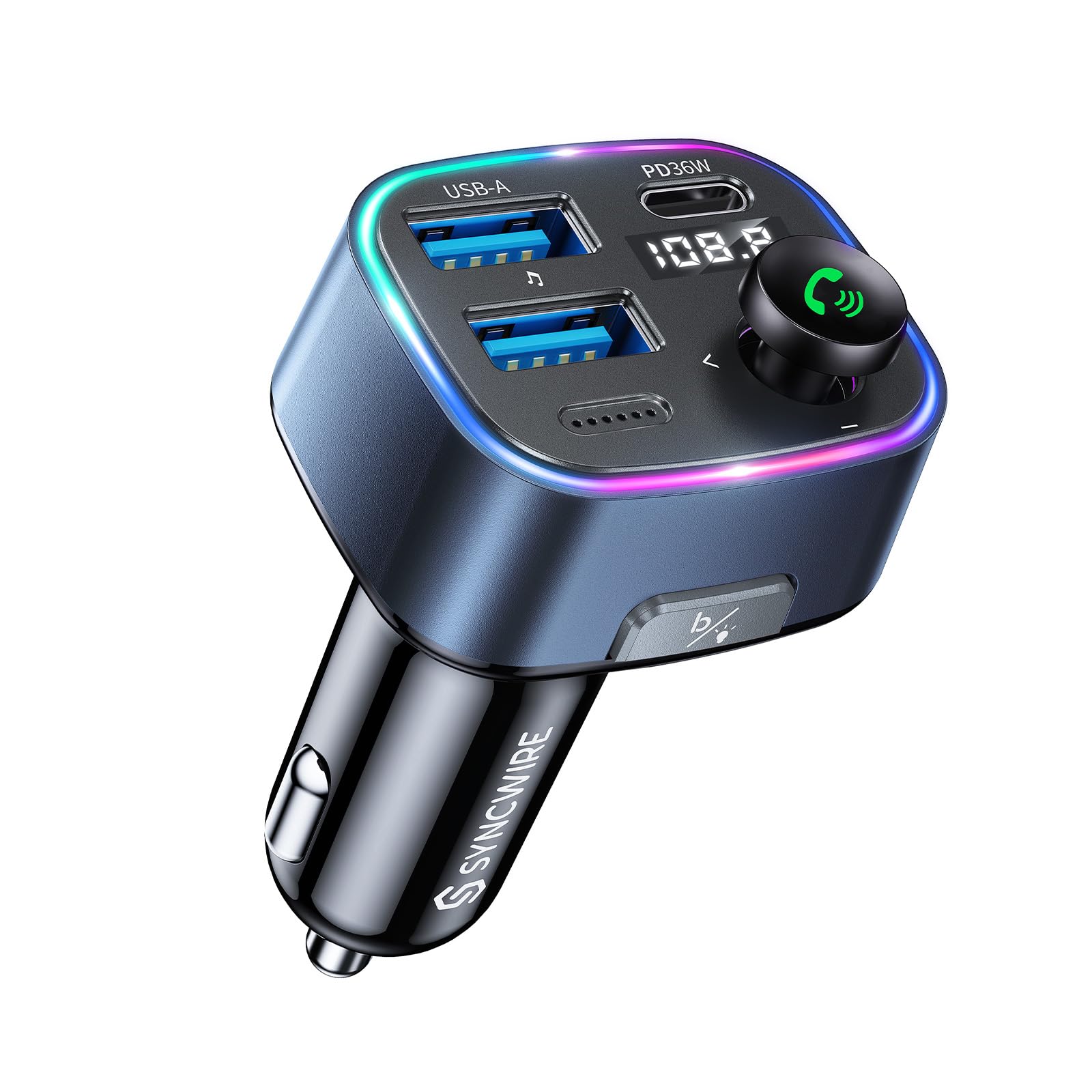 Syncwire Bluetooth 5.3 Fm Transmitter Car Adapter 48W(Pd 36W & 12W) [Light Switch] [Hi Fi Deep Bass] [Fast Charging] Wireless Ra