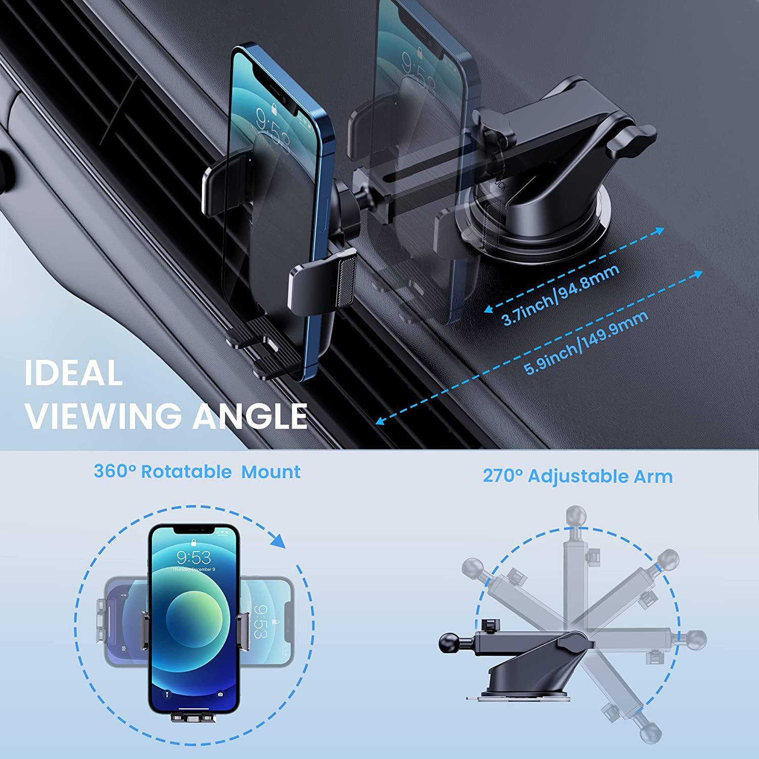 Ticilfo Phone Mount For Car Phone Holder [Military-Grade Suction & Stable Clip] Car Phone Holder Mount Windshield Dashboard Air