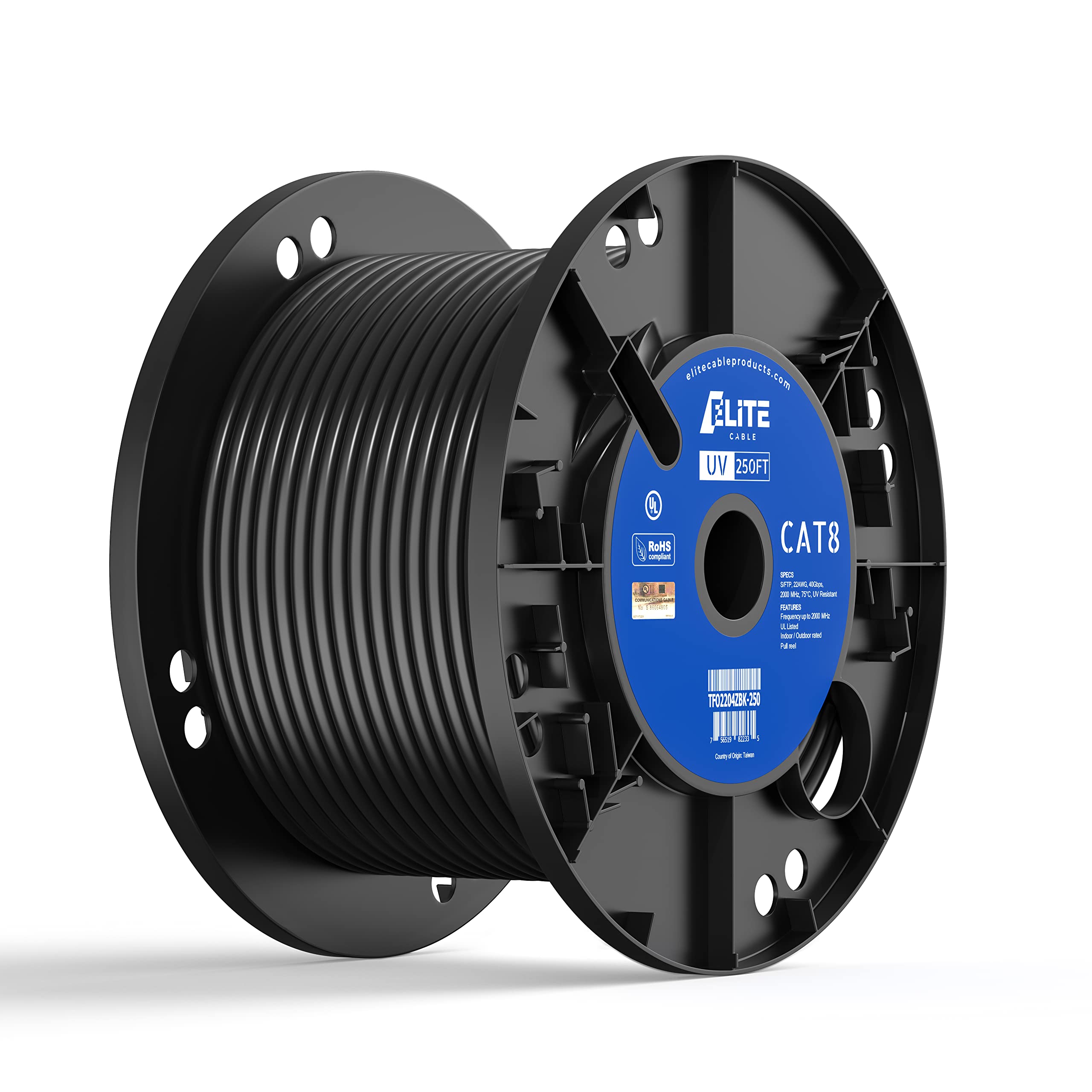 Elite Cat8 250Ft Outdoor/Indoor Cable, Uv Resistant, 40Gb, 2000Mhz, Cmr/Riser + Uv/Outdoor, High Speed, Pure Solid Copper, Easy