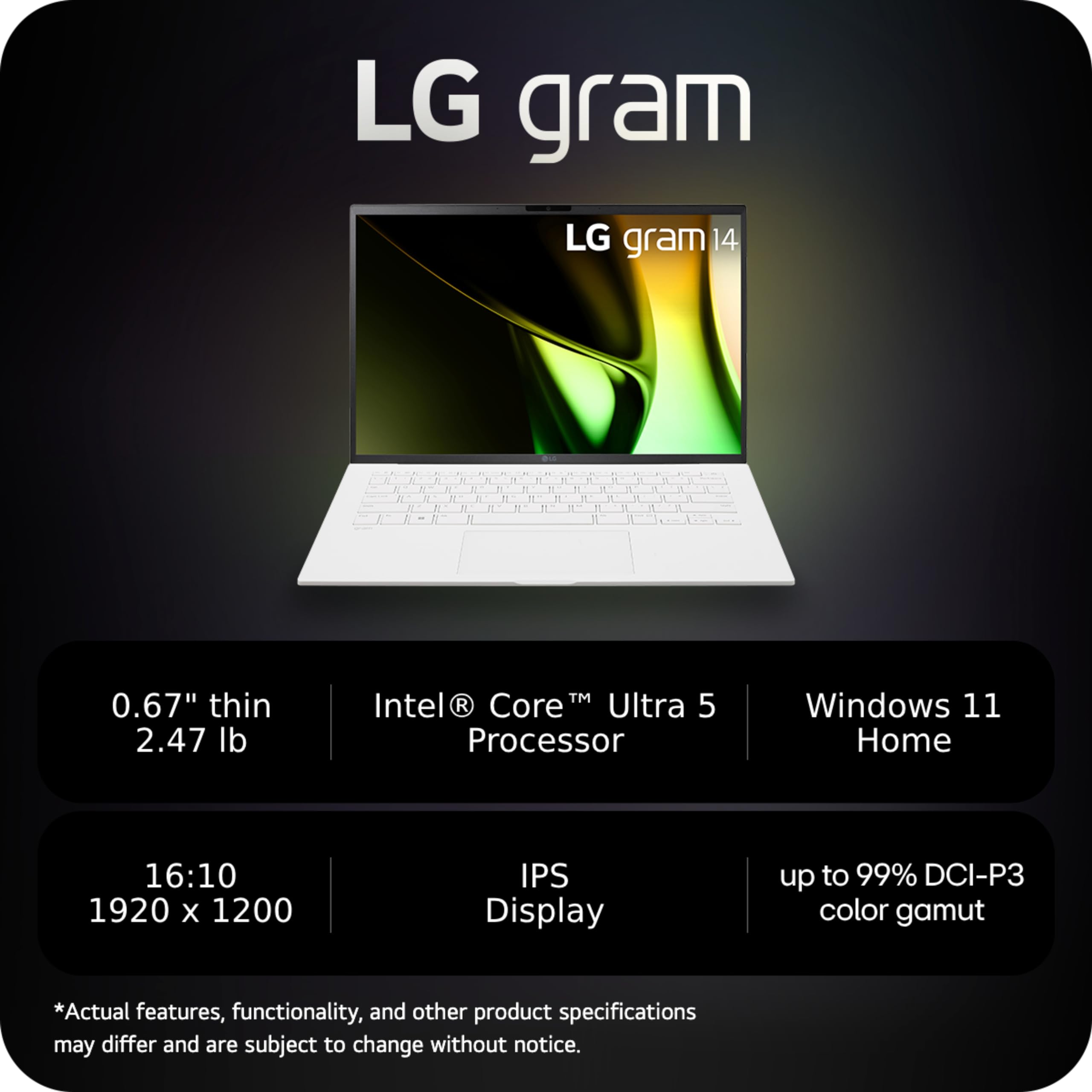 Lg Gram 14 Inch Lightweight Laptop, Intel Evo Edition   Ai Enabled Intel Core Ultra 5 Processor, Windows 11 Home, 8Gb Ram, 512Gb