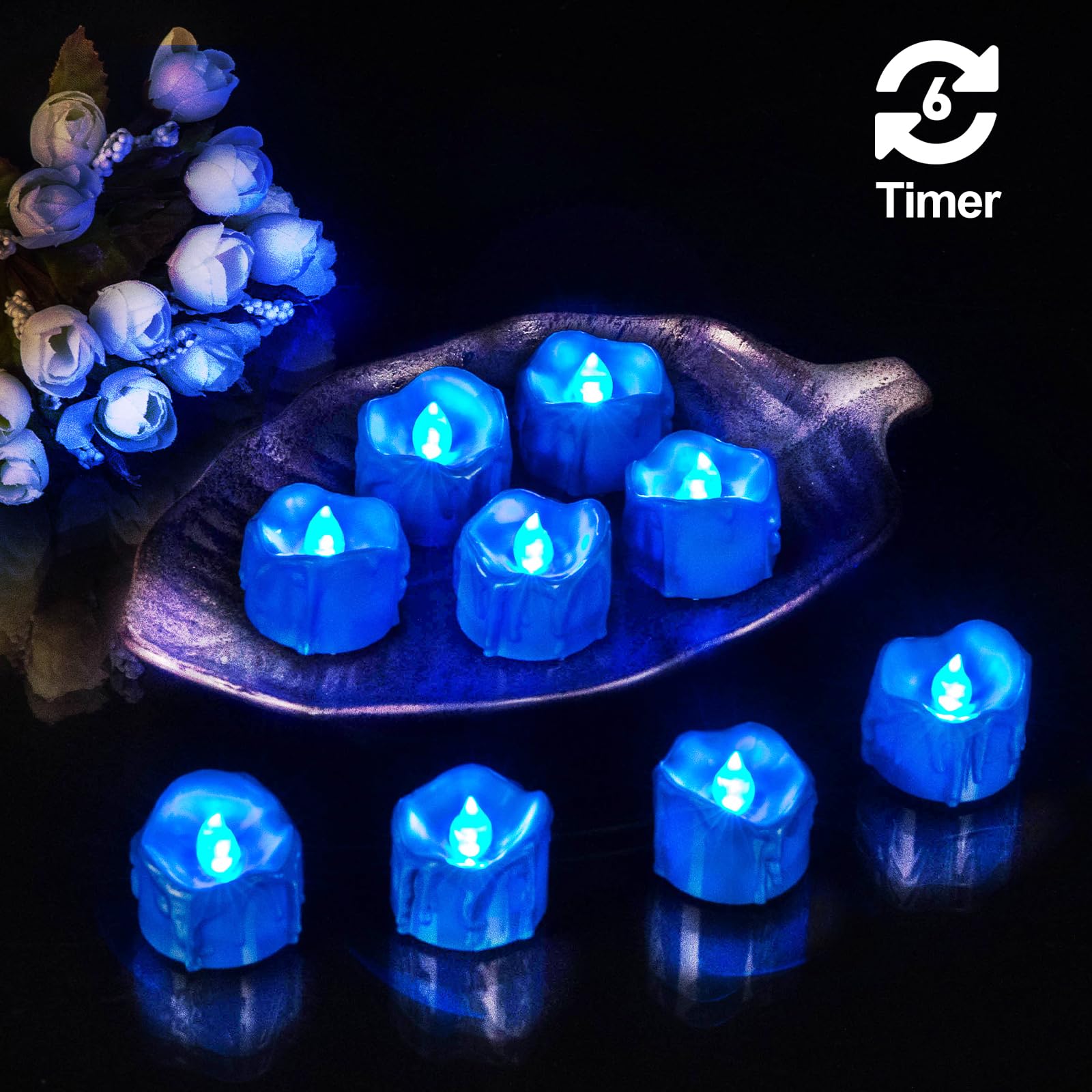 Windshell Blue Flickering Flame Tealight Candles With Timer, Melting Design (Plastic), Battery Operated Led Flameless Royal Blue