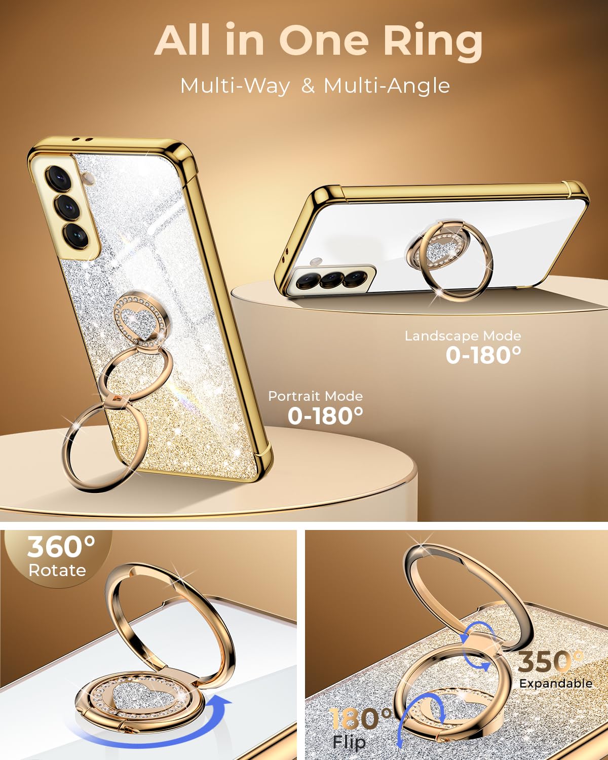 Xyz For Samsung Galaxy S22 Plus Case With Stand, Galaxy S22 Plus Case With Double Ring, Women Girls Bling Luxury Glitter Clear P