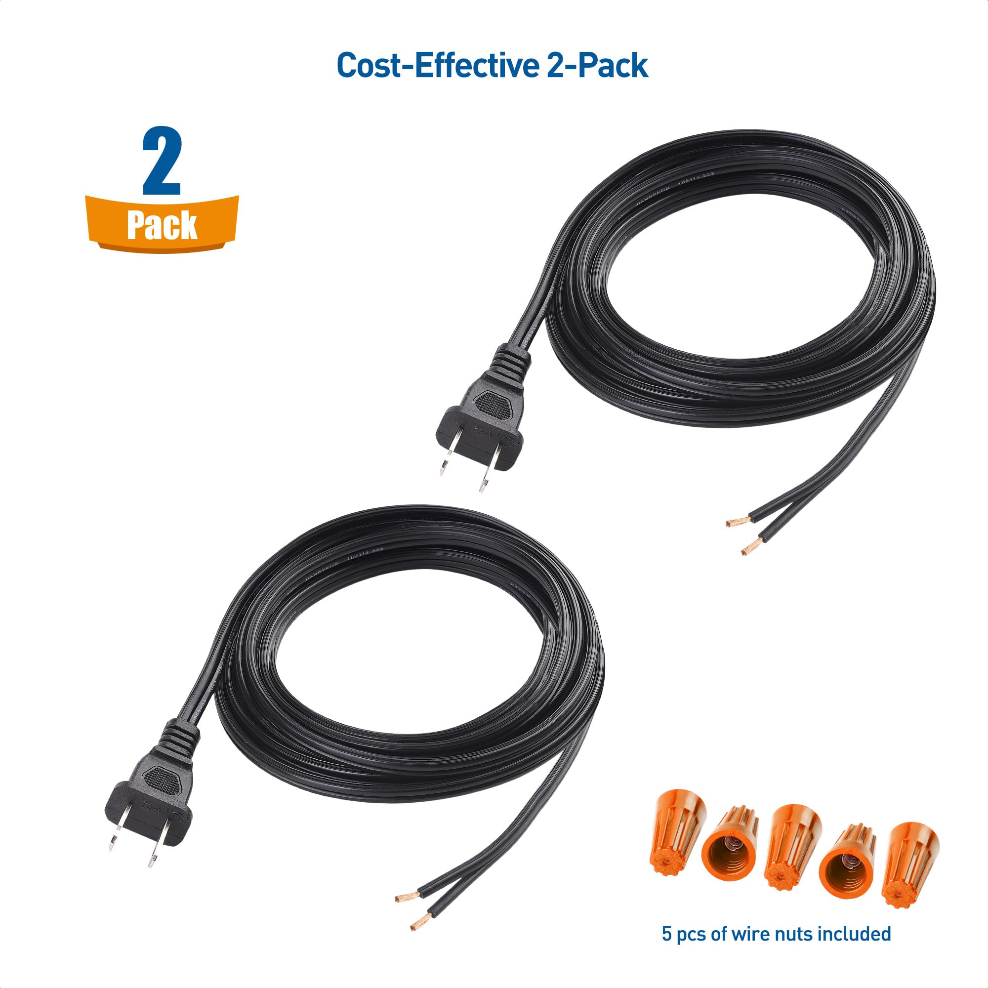 Cable Matters 2 Pack Polarized 18Awg 2 Prong Replacement Cord Lamp Wire 15 Ft   10A, Nema 1 15P To 2 Wire For Lamp Cord Replacem