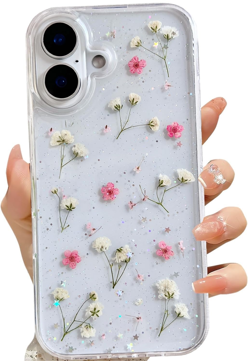 Lseeka For Iphone 16 Plus Clear Case With Pressed Real Flowers Design,Glitter Cute Pink Floral Pattern Slim Soft Tpu Protective