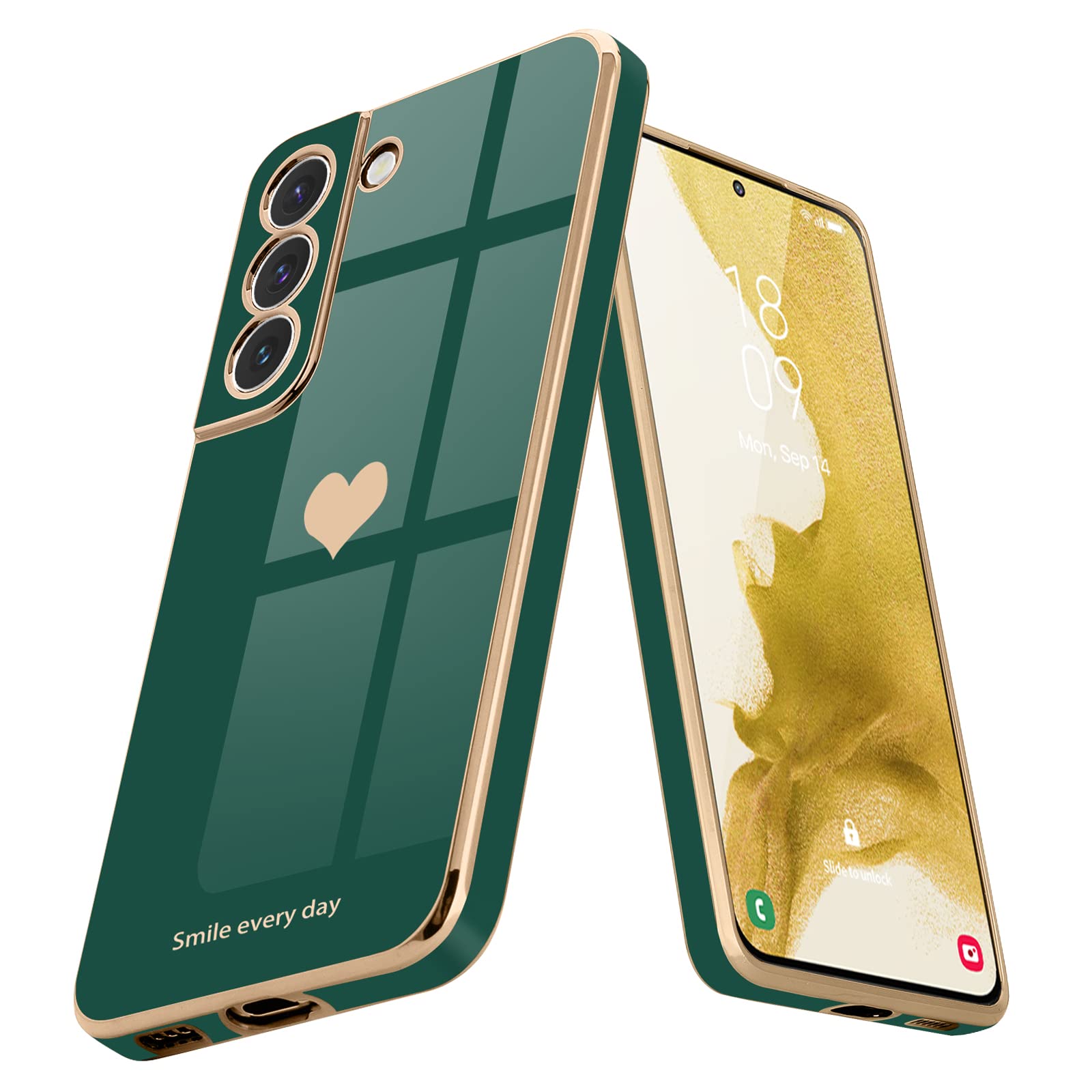 Teageo Samsung Galaxy S22 5G Case   Cute Love Heart Luxury Bling, Soft Silicone, Shockproof, Camera Protection, Darkish Green