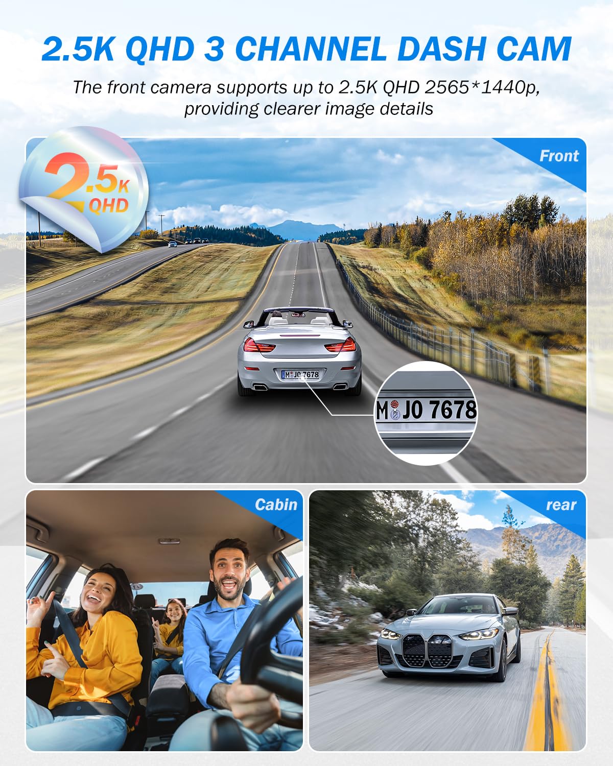 3 Channel 2.5K Dash Cam, 1440P Dash Cam Front And Rear Inside, Dash Camera For Cars, Triple Car Camera With 32Gb Card, G Sensor,