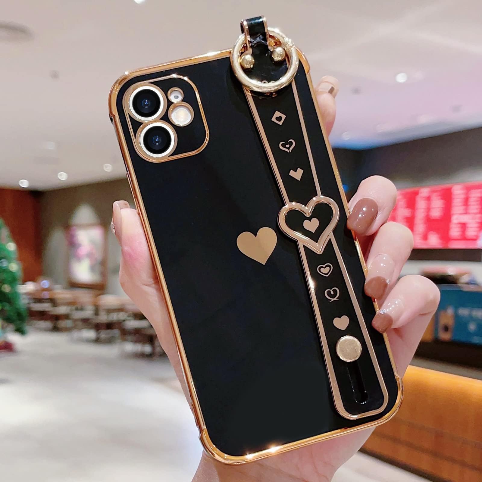 Llz.Coque For Iphone 11 Case Cute Love Heart Plating Strap Phone Cover For Women Girlss Bling Soft Silicone Camera Lens Protecti