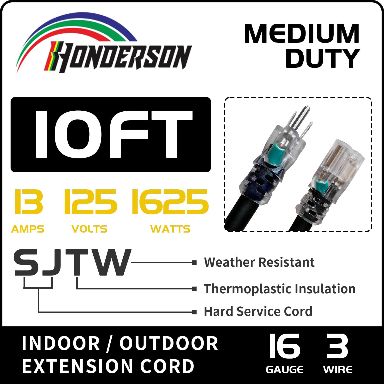 Honderson 10Ft 16/3 Lighted Outdoor Extension Cord   16 Gauge 3 Prong Sjtw Black Extension Cord For Christmas Lights With 3 Pron