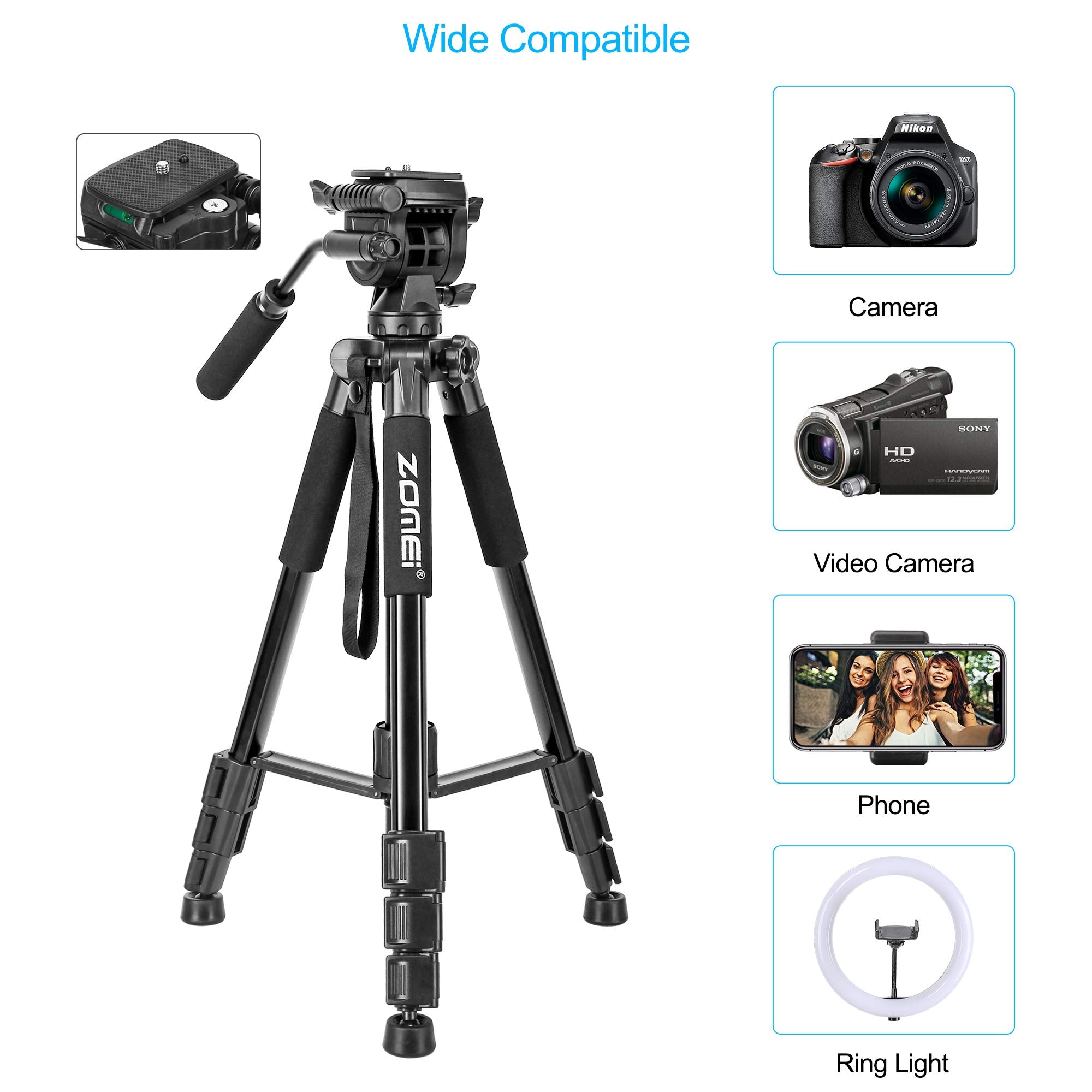 65 '' Camera Tripod,Q310 Lightweight Travel Portable Cell Phone Tripod Stand Monopod With Universal Phone Holder And Carry Bag F