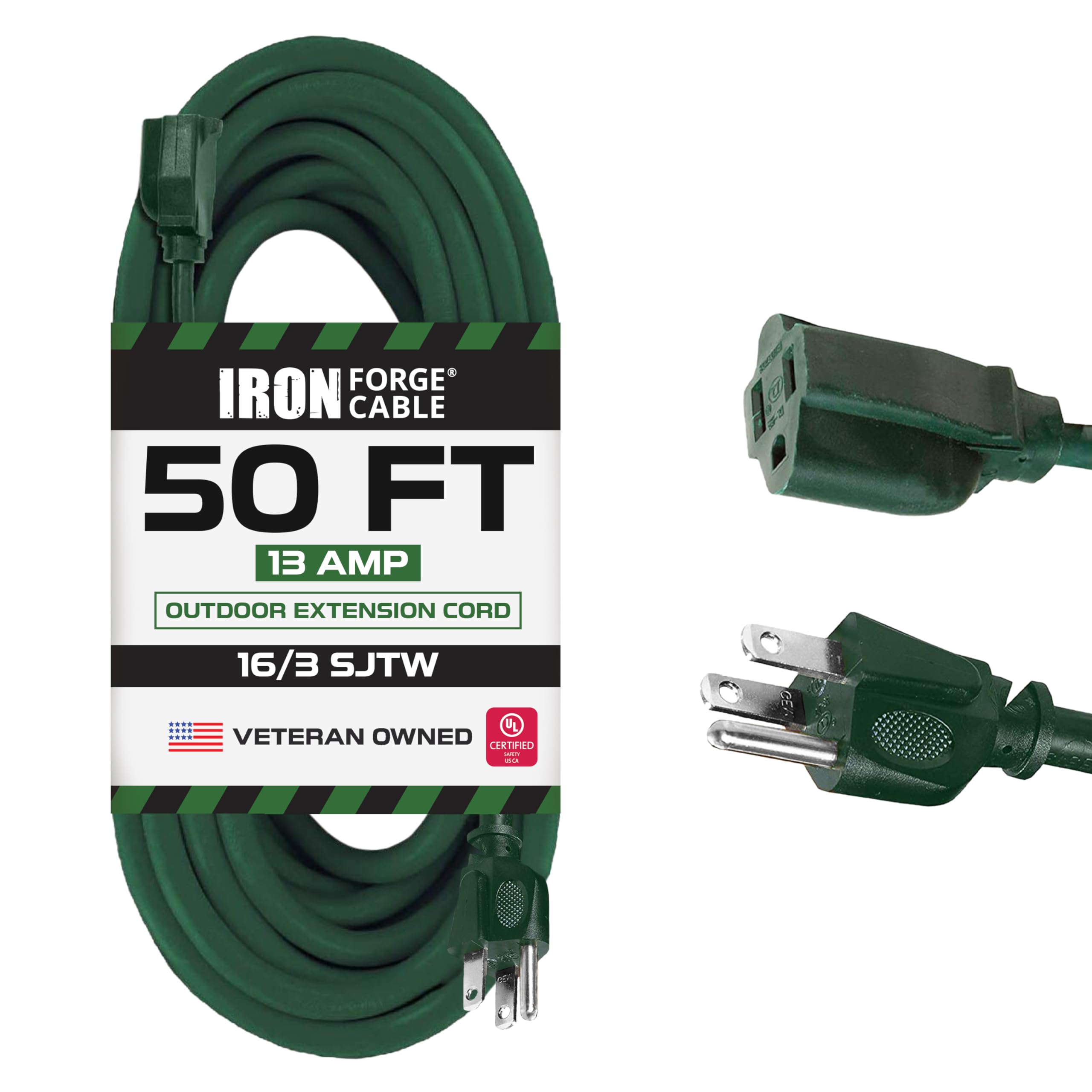 Iron Forge Cable Weatherproof Outdoor Extension Cord 50 Ft, 16/3 Sjtw Heavy Duty Green Extension Cord 3 Prong, 13 Amp Exterior Power Cable Great For Lawn & Landscaping   Us Veteran Owned