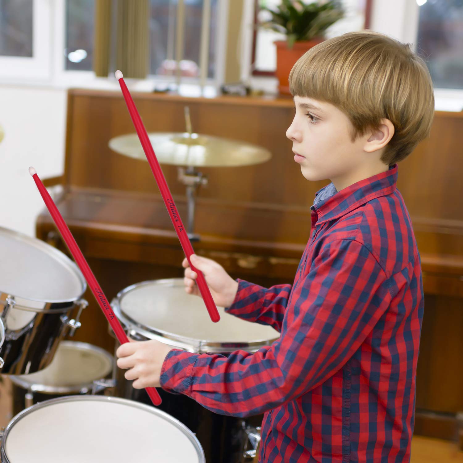 Antner 3 Pairs Drum Sticks 7A For Kids And Beginners Classic Maple Wood Drumsticks, Red