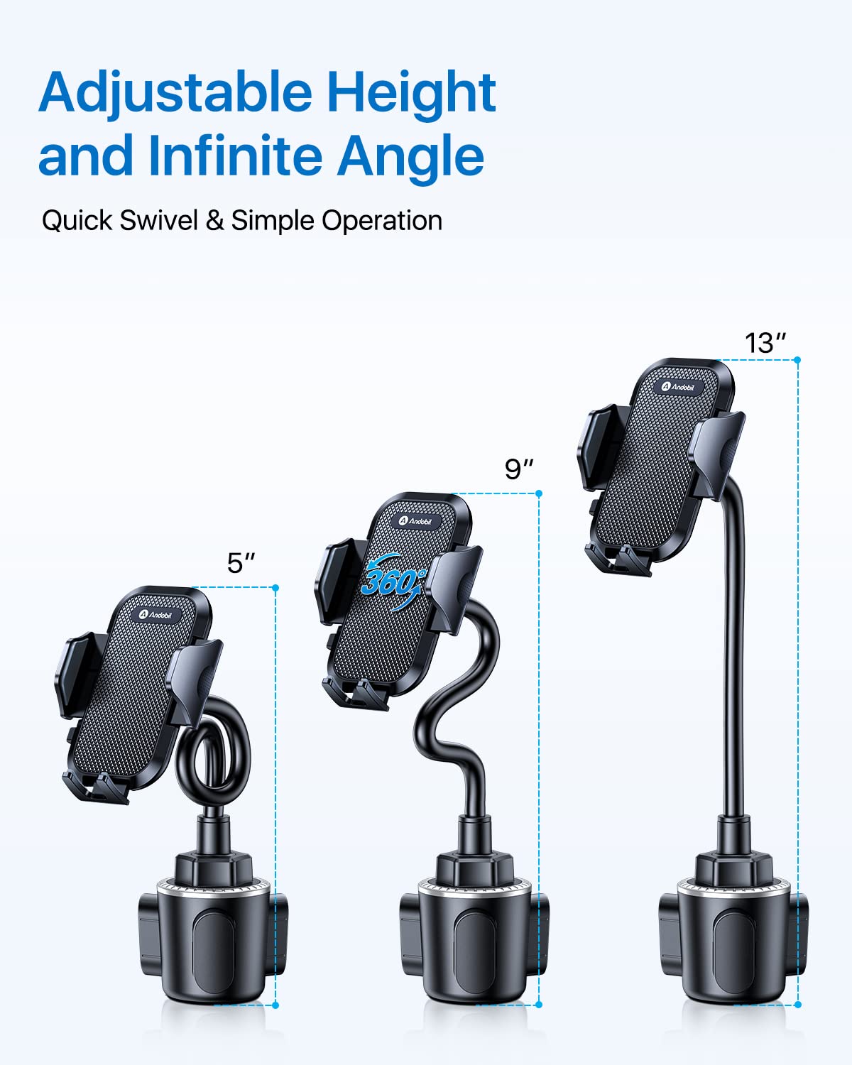 andobil Adjustable Height Cup Holder Phone Mount, Military-Grade Gooseneck for Car/Truck, Compatible with iPhone 14/13/12 Pro Max, Black