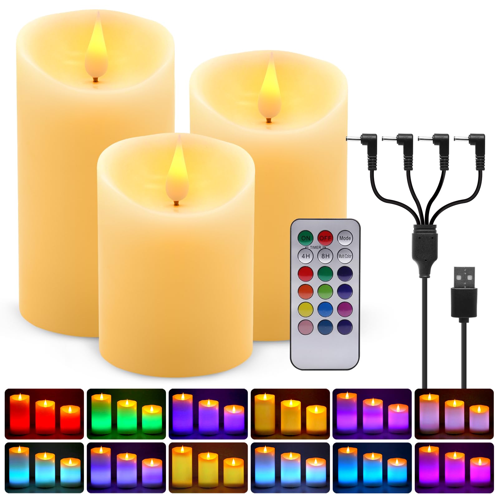 Aled Light Rechargeable Candles Flickering With Remote,Flameless Candles Built In Rechargeable Battery,Rgb&Warm White Real Wax L