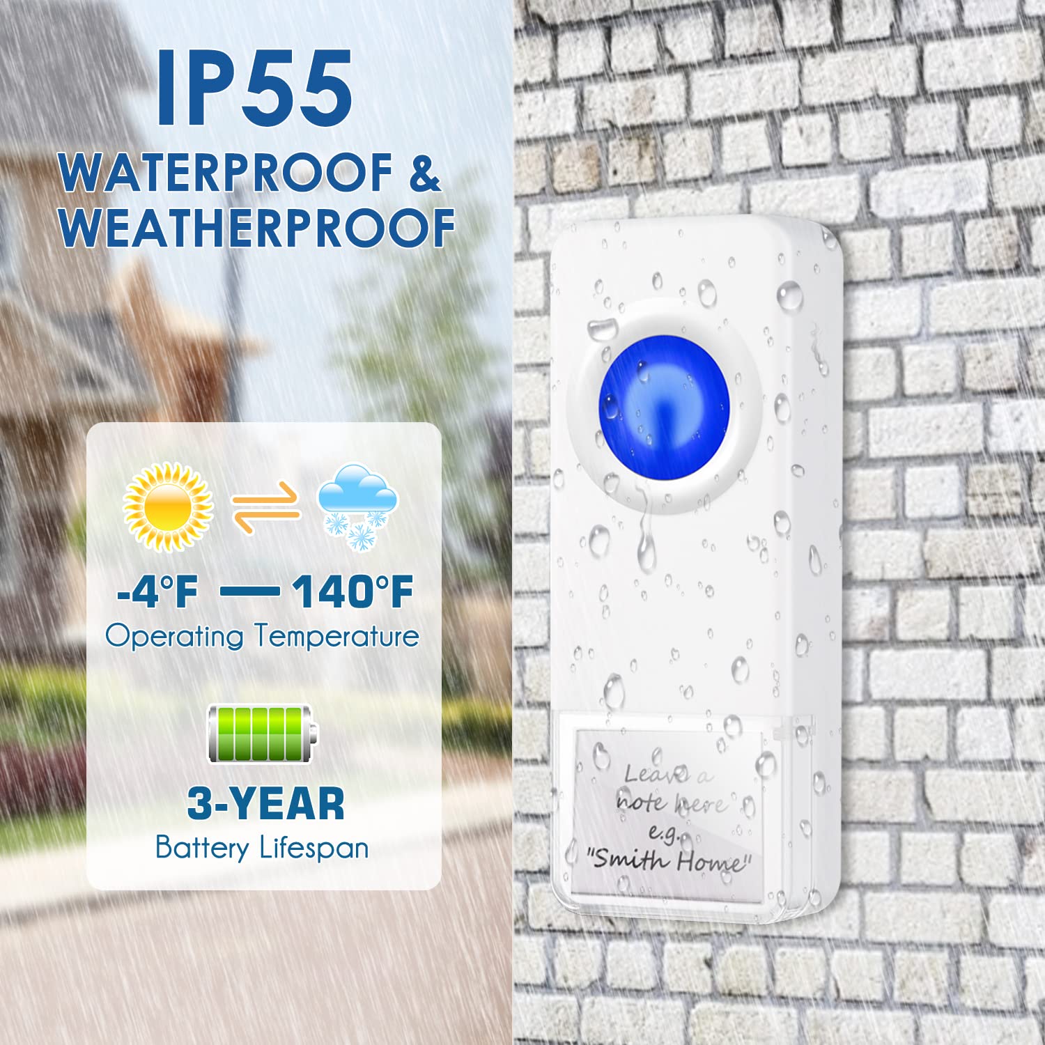 Wireless Door Bell, Physen Waterproof Doorbell Chimes For Home Operating At Over 1300 Ft Range 58 Doorbell Ringer 5 Volume Level